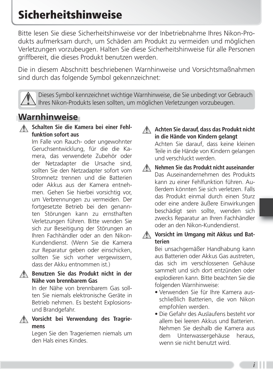 Sicherheitshinweise, Warnhinweise | Nikon WP-CP5 Coolpix S1-S3 User Manual | Page 28 / 79