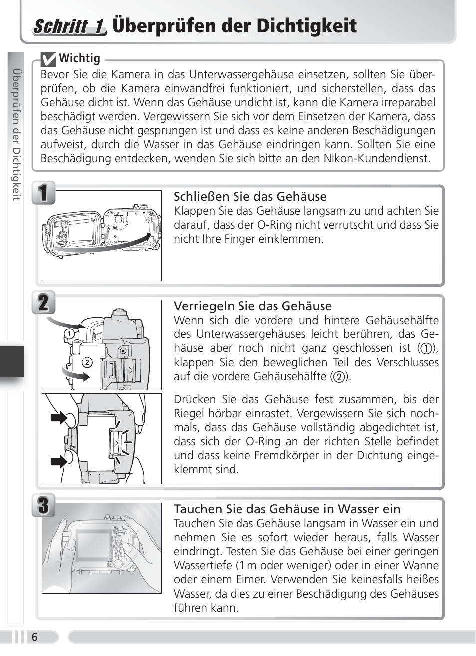 Überprüfen der dichtigkeit, Schritt 1 | Nikon WP-CP5 Coolpix S1-S3 User Manual | Page 39 / 79