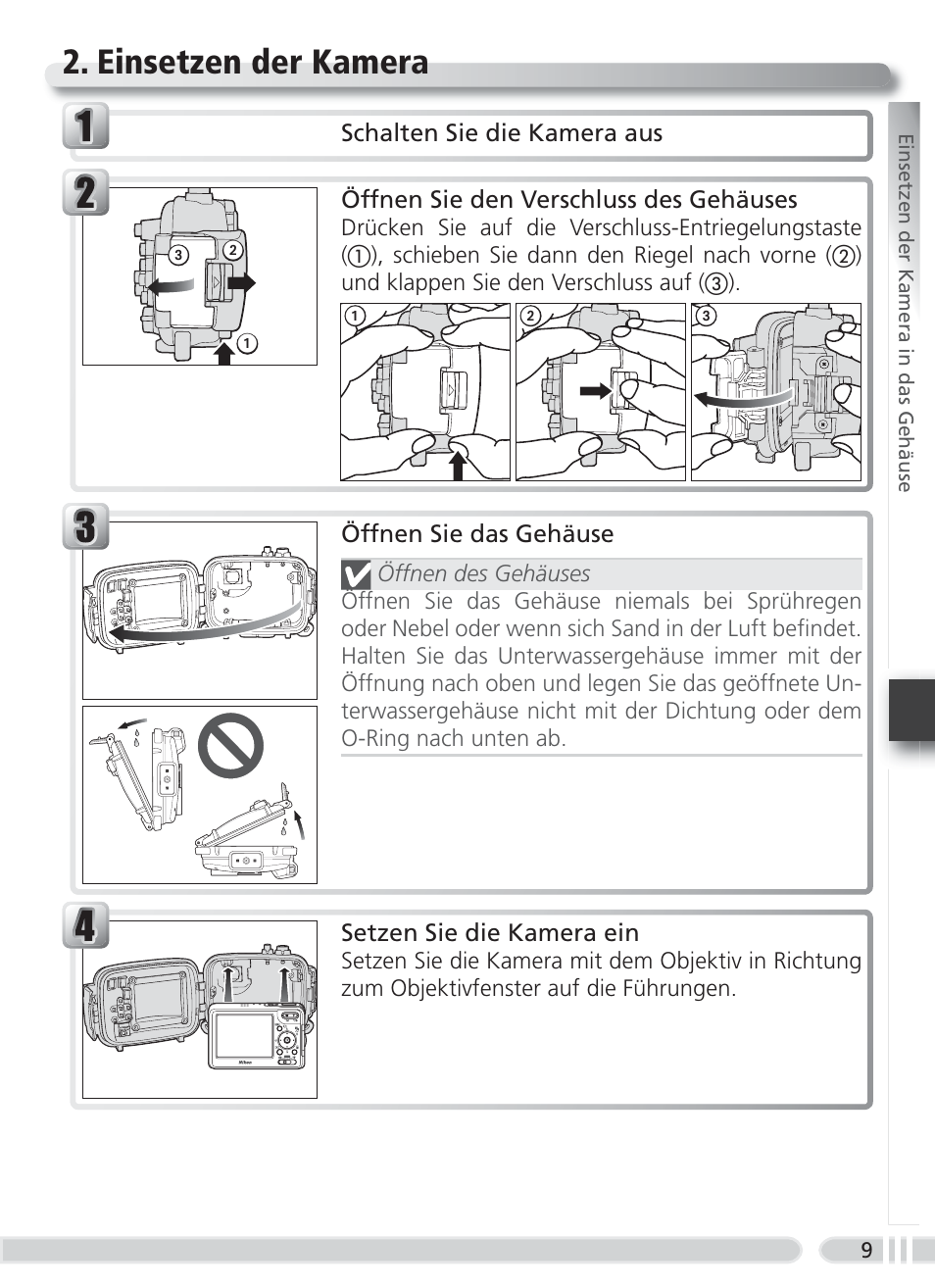 Einsetzen der kamera | Nikon WP-CP5 Coolpix S1-S3 User Manual | Page 42 / 79