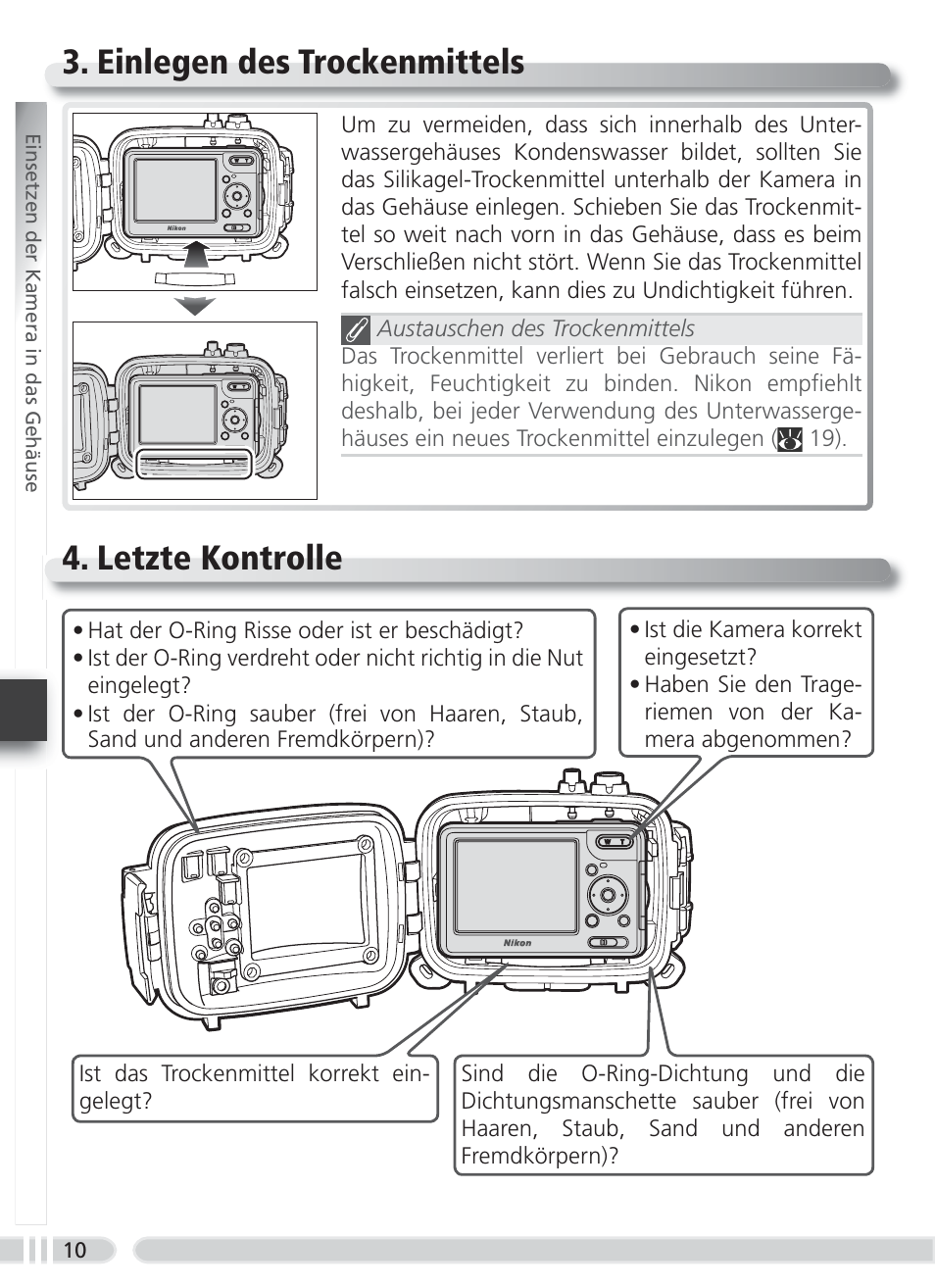 Einlegen des trockenmittels, Letzte kontrolle, Einlegen des trockenmittels 4. letzte kontrolle | Nikon WP-CP5 Coolpix S1-S3 User Manual | Page 43 / 79