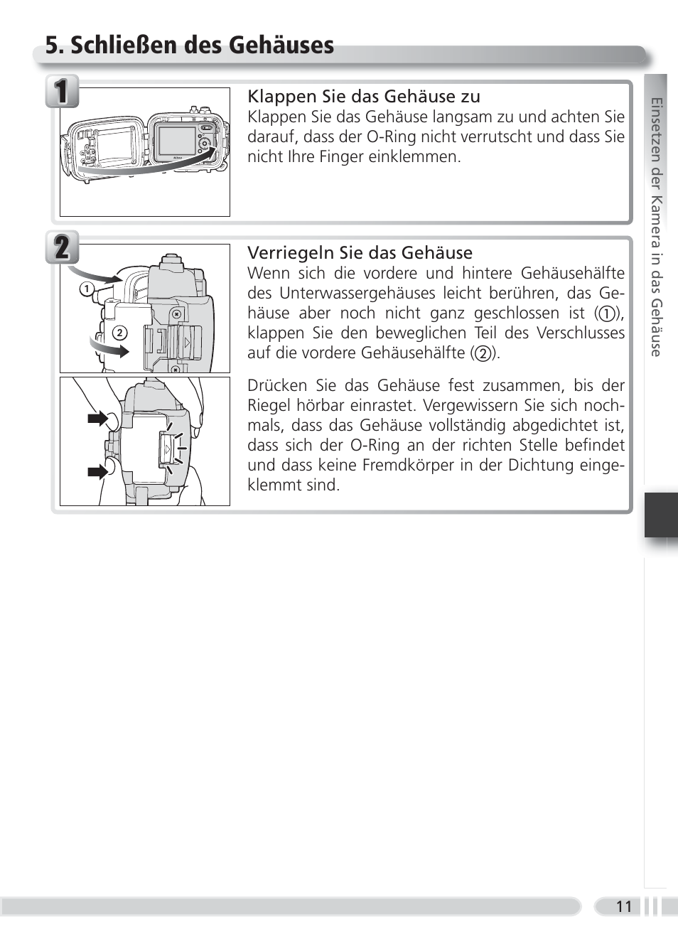 Schließen des gehäuses | Nikon WP-CP5 Coolpix S1-S3 User Manual | Page 44 / 79