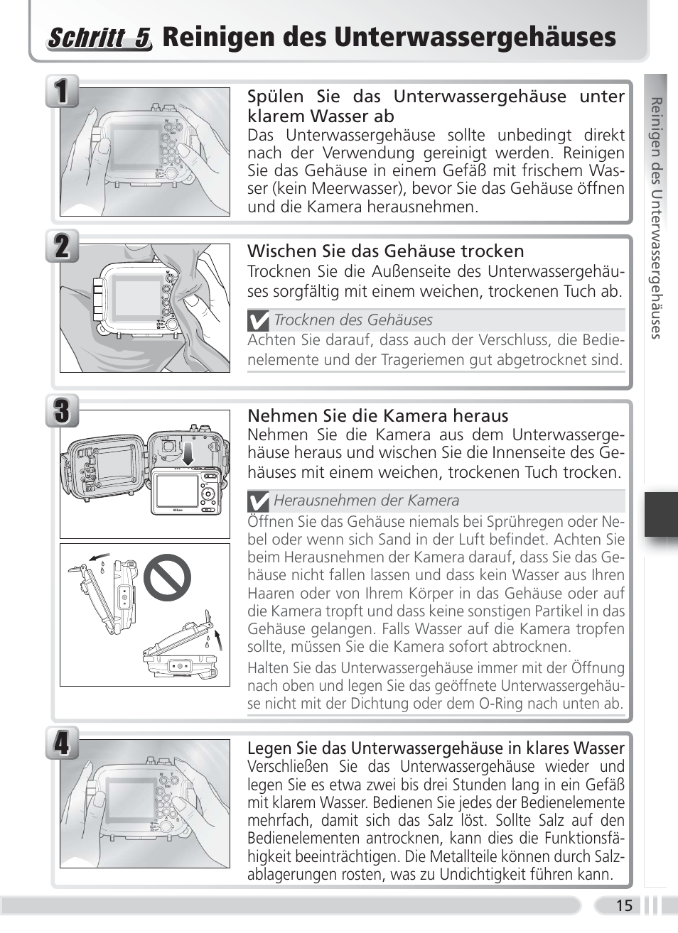 Reinigen des unterwassergehäuses, Schritt 5 | Nikon WP-CP5 Coolpix S1-S3 User Manual | Page 48 / 79
