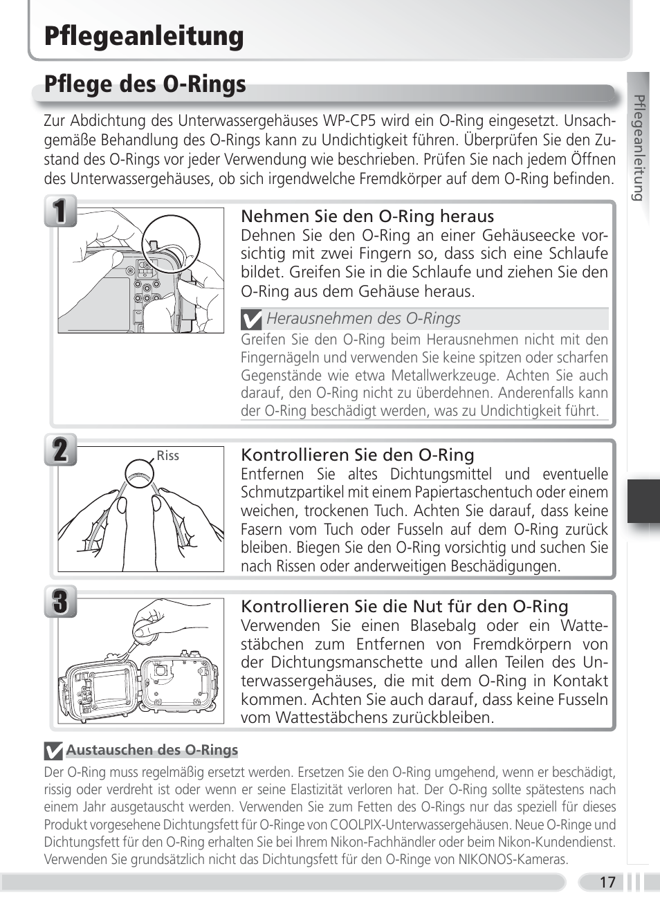 Pfl egeanleitung, Pfl ege des o-rings | Nikon WP-CP5 Coolpix S1-S3 User Manual | Page 50 / 79