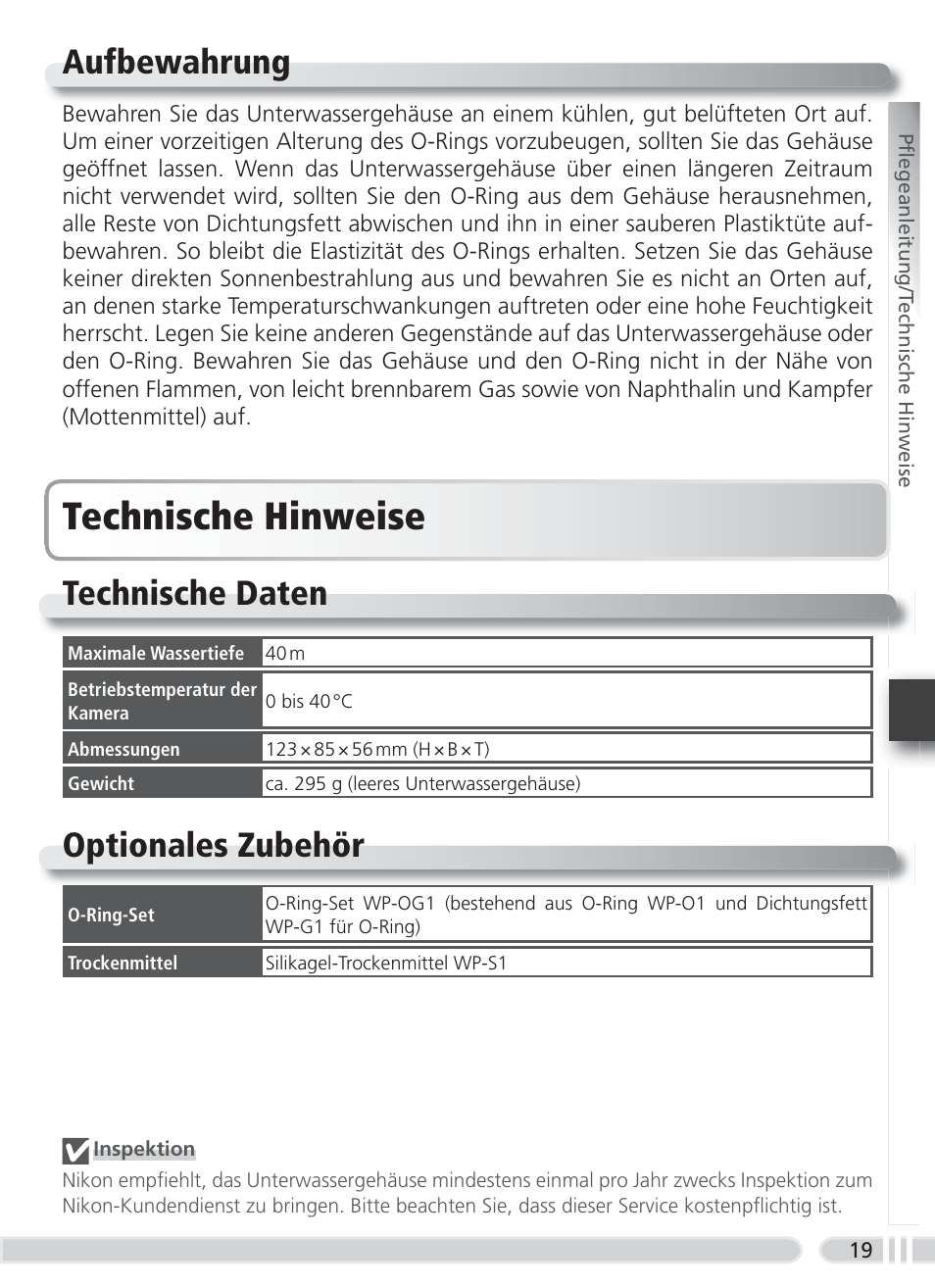 Aufbewahrung, Technische hinweise, Technische daten | Optionales zubehör, Technische daten optionales zubehör | Nikon WP-CP5 Coolpix S1-S3 User Manual | Page 52 / 79