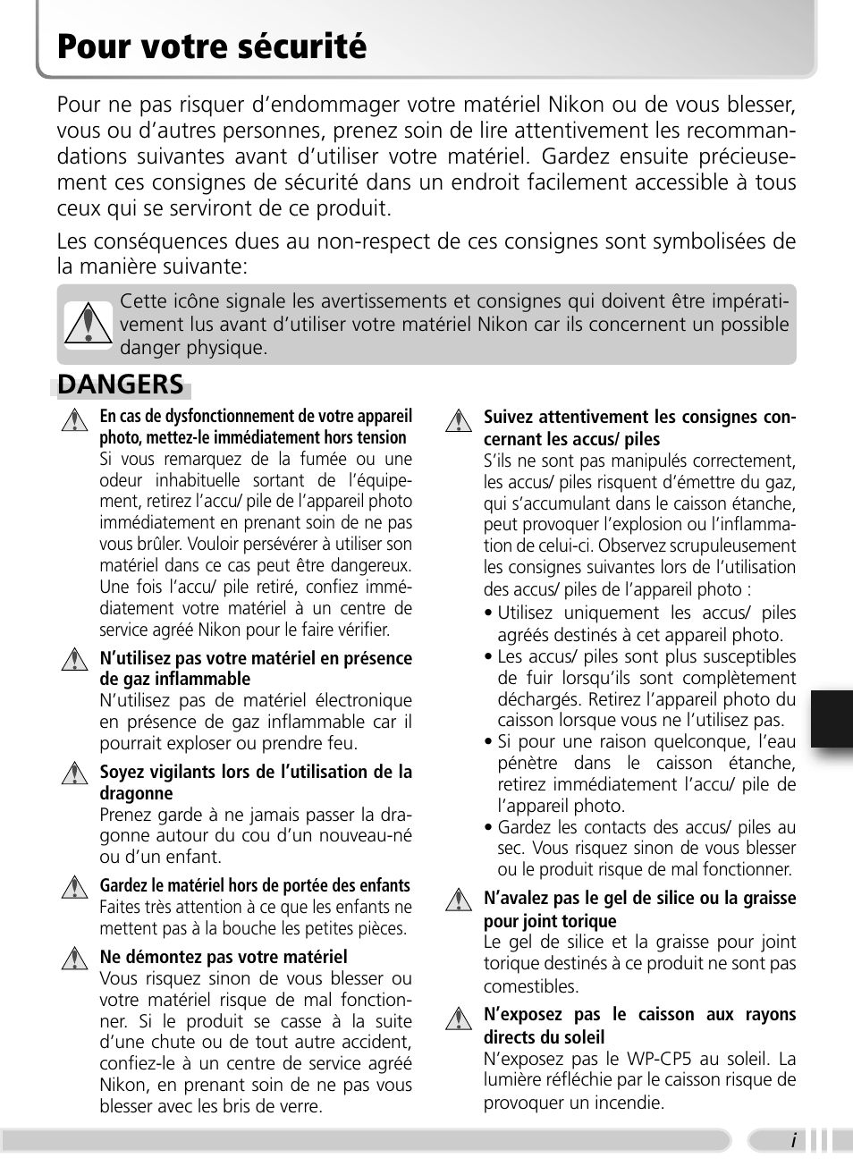 Pour votre sécurité, Dangers | Nikon WP-CP5 Coolpix S1-S3 User Manual | Page 54 / 79