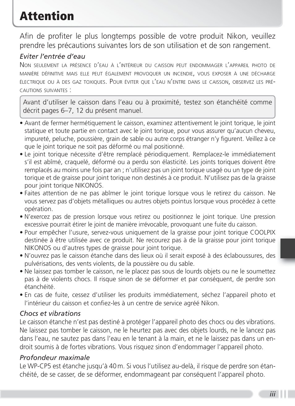 Attention | Nikon WP-CP5 Coolpix S1-S3 User Manual | Page 56 / 79