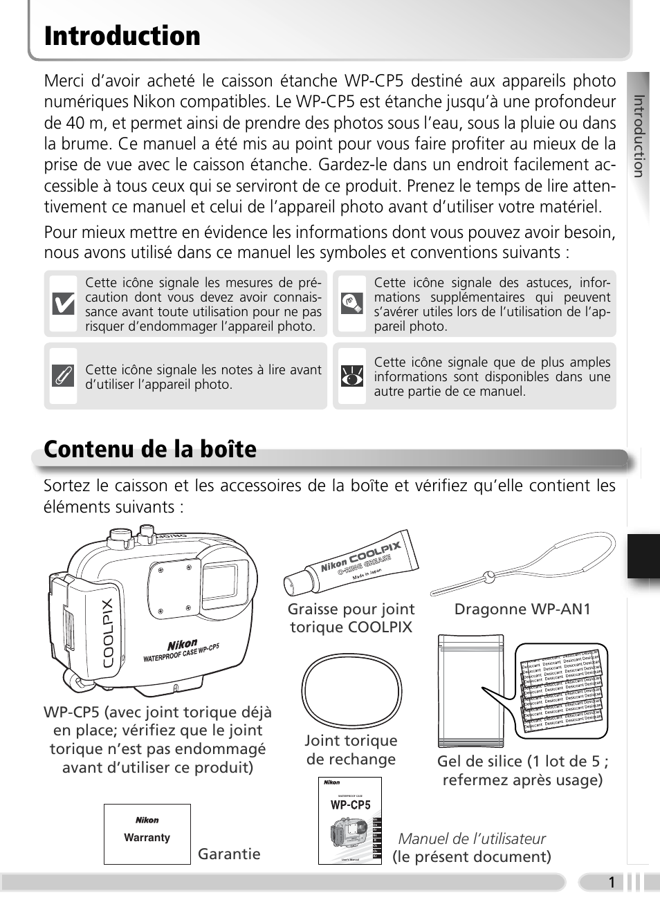Introduction, Contenu de la boîte | Nikon WP-CP5 Coolpix S1-S3 User Manual | Page 60 / 79