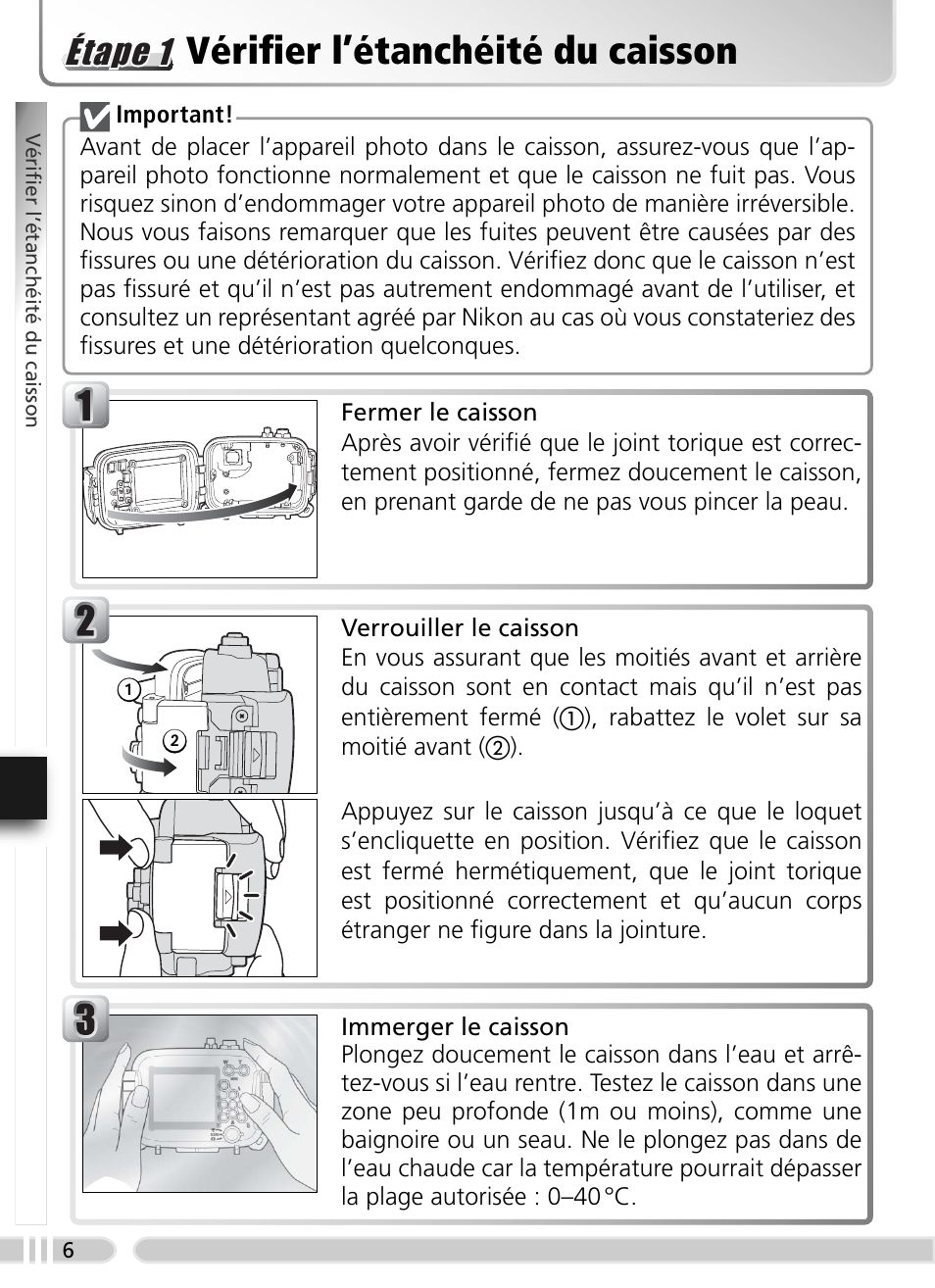 Vérifi er l’étanchéité du caisson, Éétap ape 1 1 étape 1 | Nikon WP-CP5 Coolpix S1-S3 User Manual | Page 65 / 79