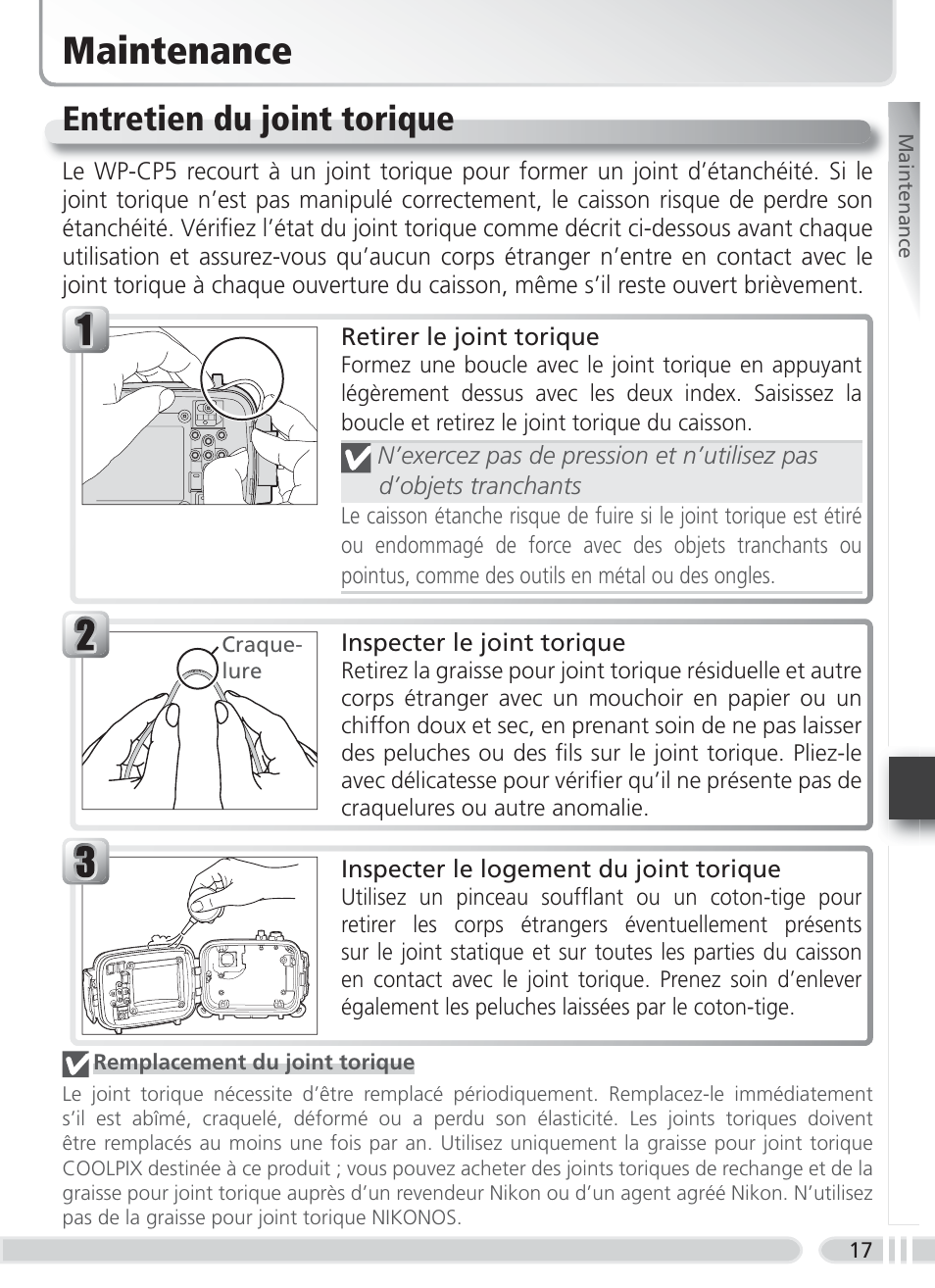 Maintenance, Entretien du joint torique | Nikon WP-CP5 Coolpix S1-S3 User Manual | Page 76 / 79