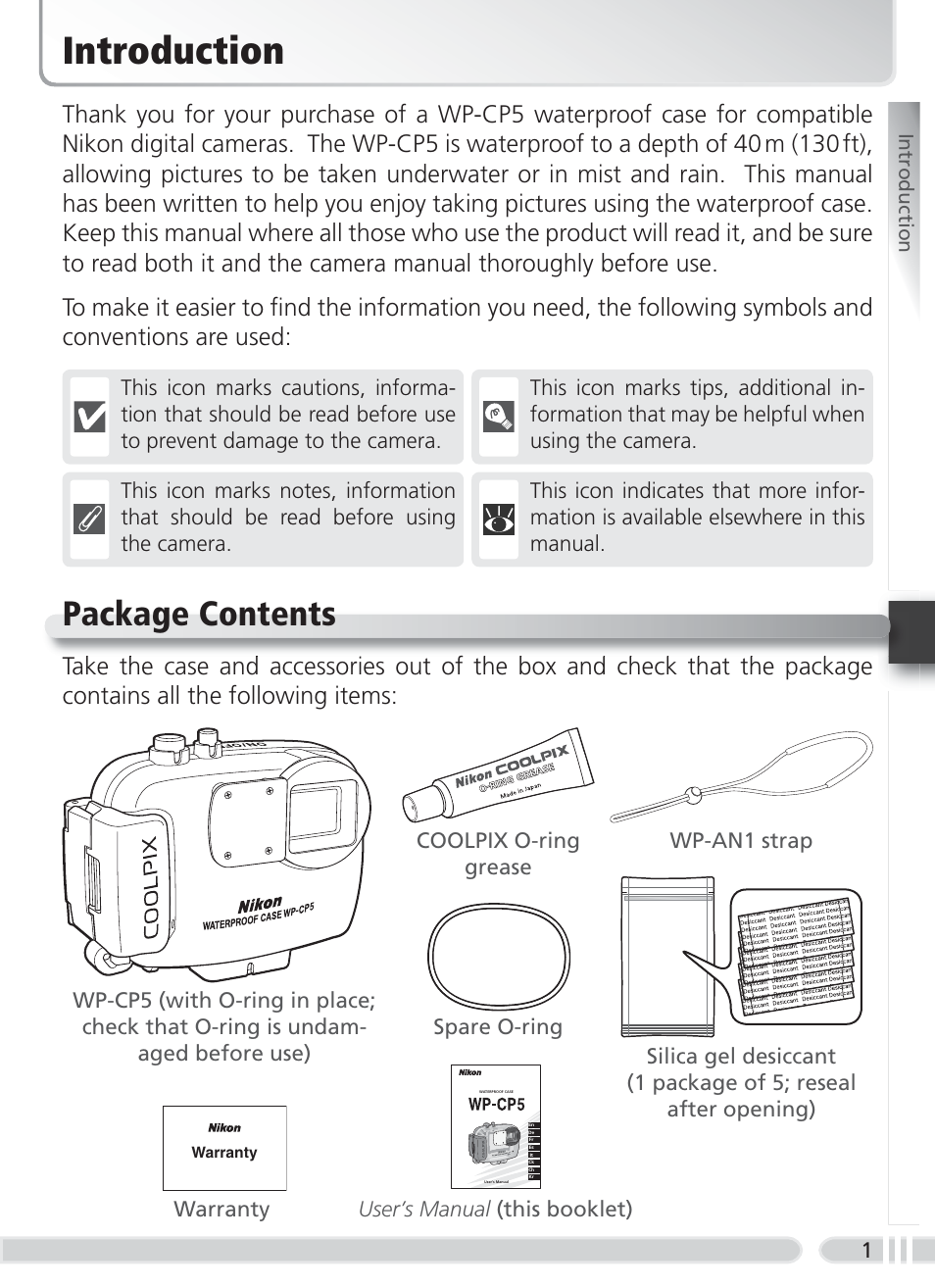 Introduction, Package contents, User’s manual (this booklet) | Nikon WP-CP5 Coolpix S1-S3 User Manual | Page 8 / 79