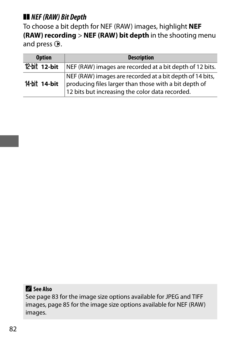 Nef (raw) bit depth | Nikon D810 User Manual | Page 106 / 530