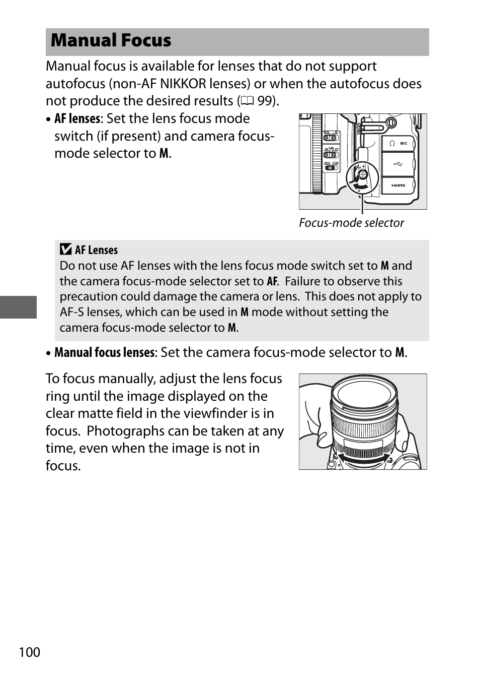 Manual focus, Lly (0 100) | Nikon D810 User Manual | Page 124 / 530