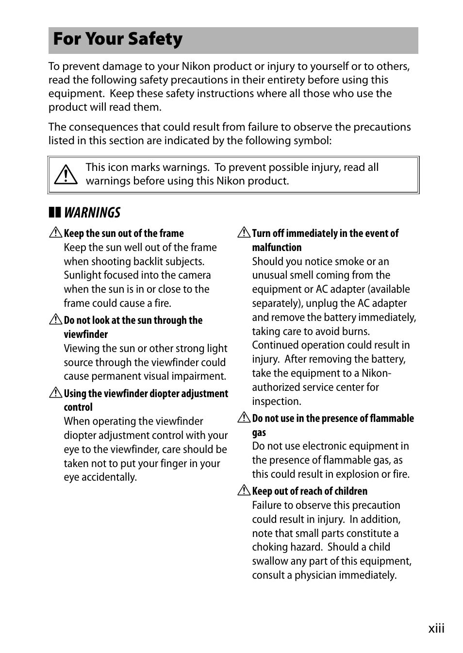 For your safety, Xiii, Warnings | Nikon D810 User Manual | Page 15 / 530