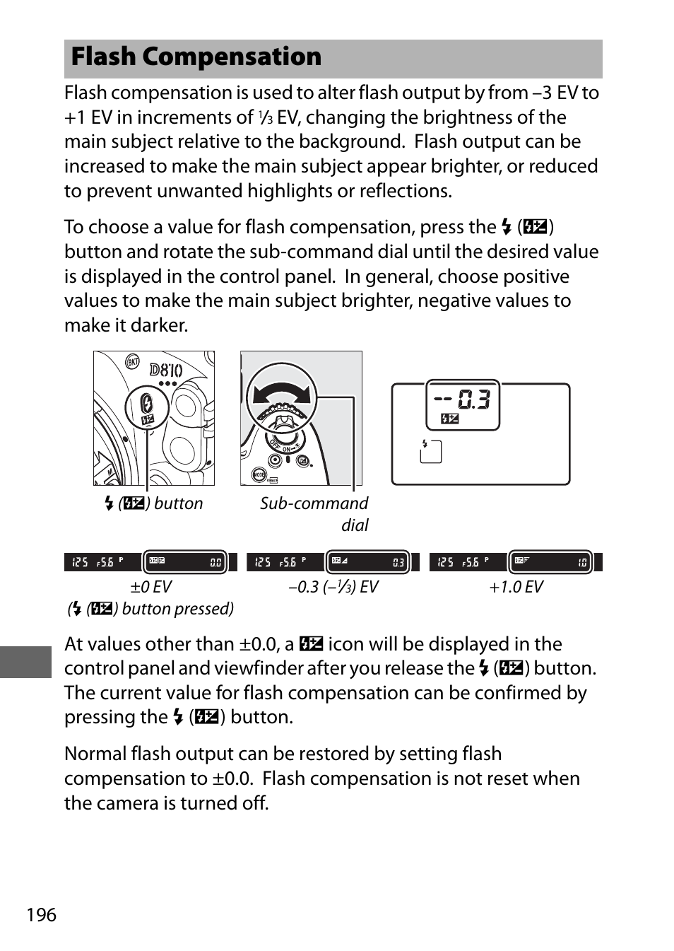 Flash compensation | Nikon D810 User Manual | Page 220 / 530