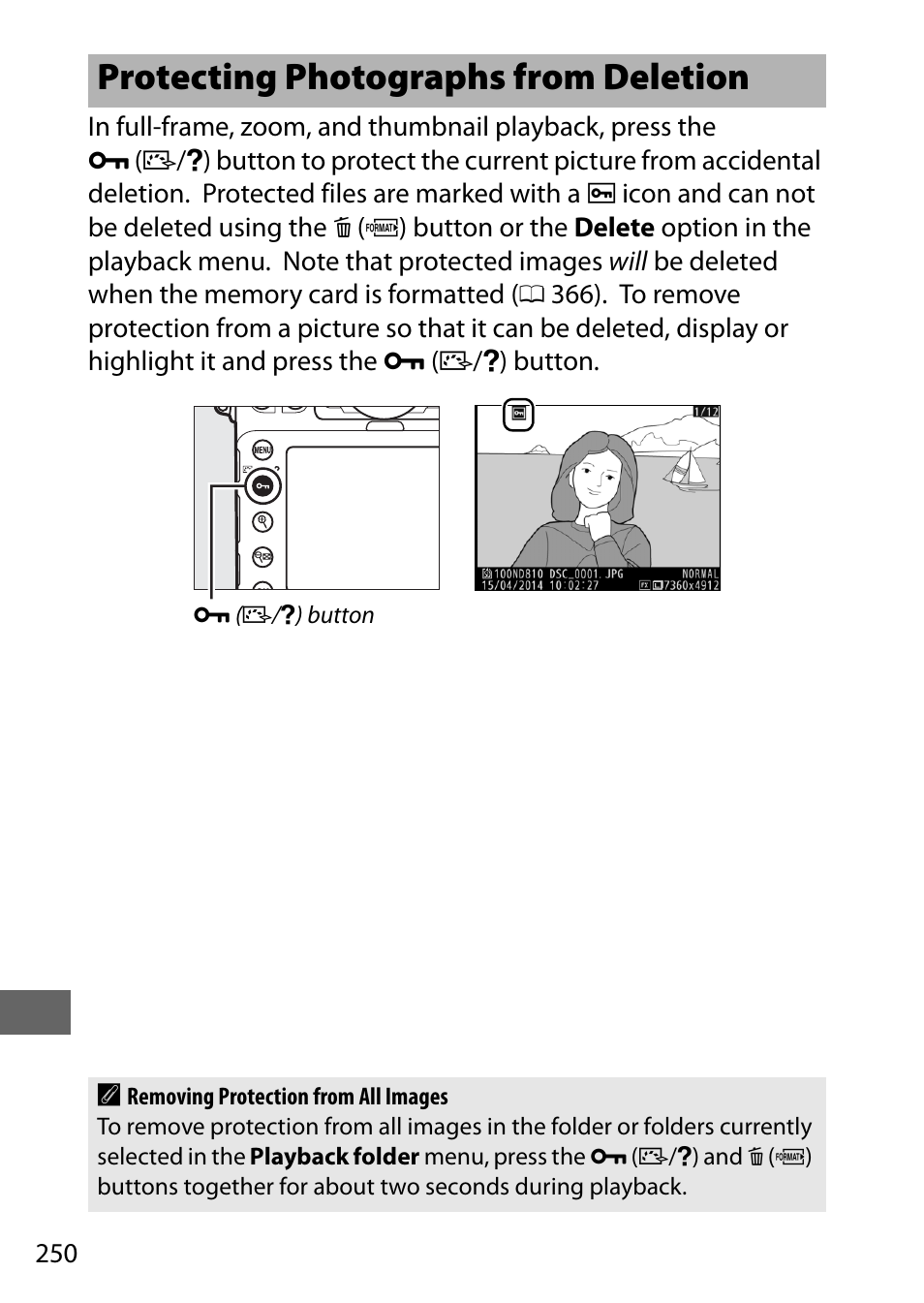 Protecting photographs from deletion | Nikon D810 User Manual | Page 274 / 530