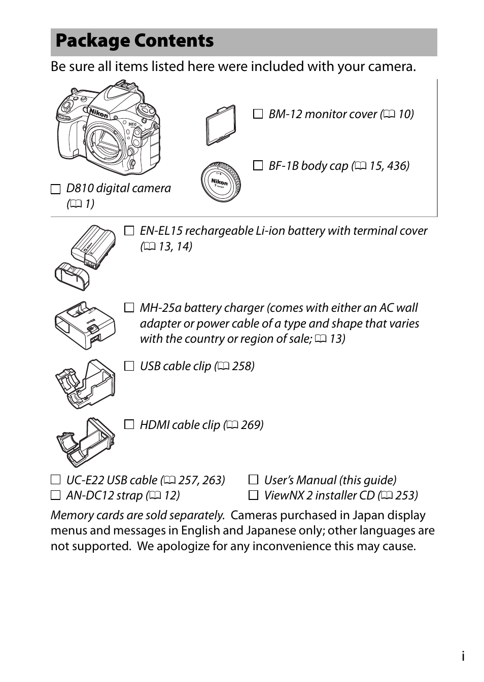 Package contents | Nikon D810 User Manual | Page 3 / 530