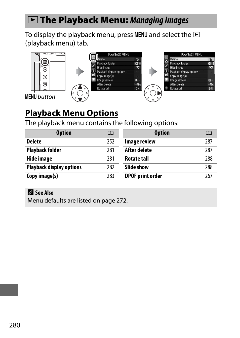 The playback menu: managing images, Playback menu options, D the playback menu: managing images | Nikon D810 User Manual | Page 304 / 530