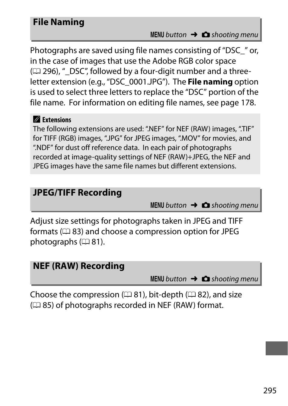 File naming, Jpeg/tiff recording, Nef (raw) recording | Cording | Nikon D810 User Manual | Page 319 / 530