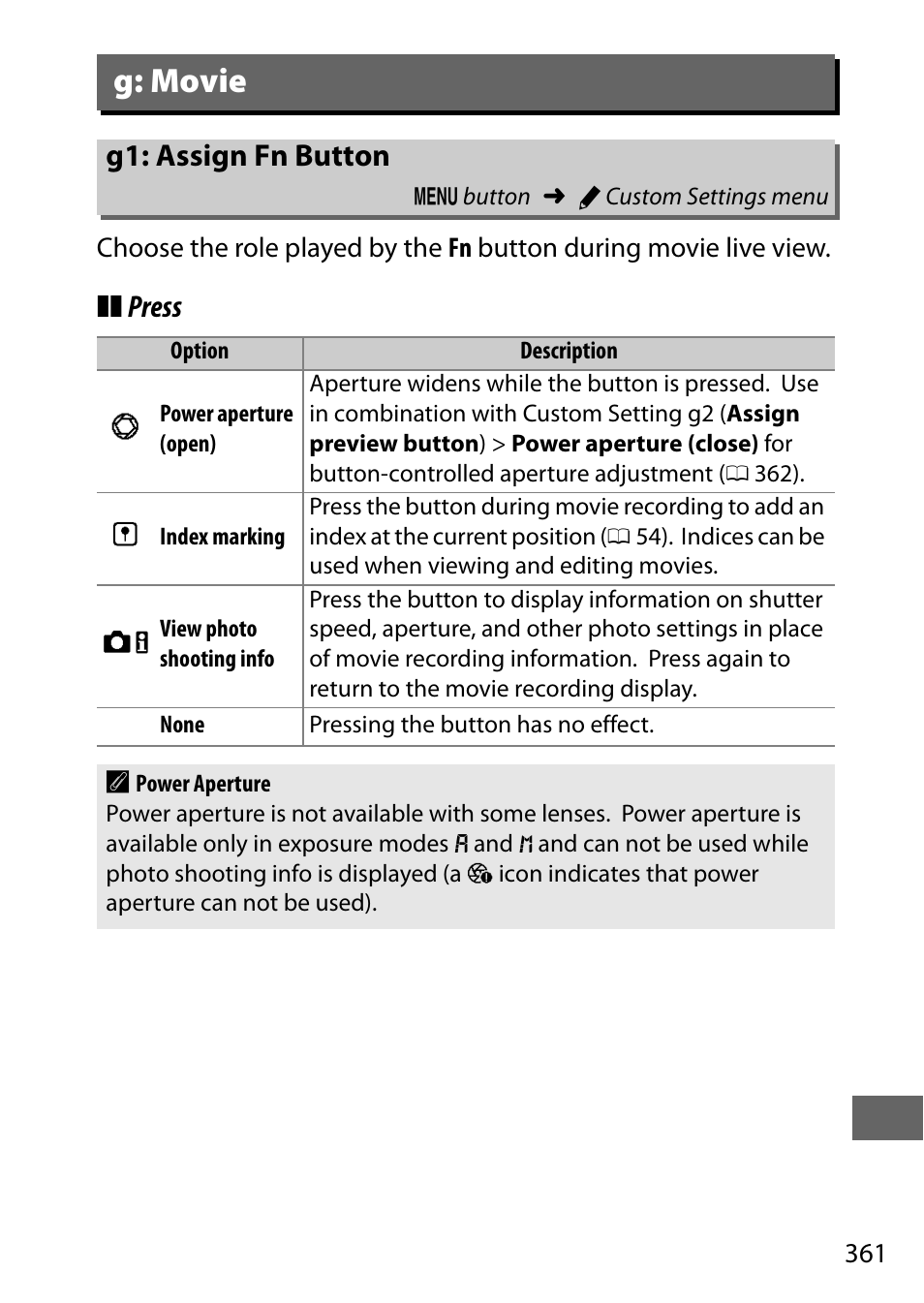G: movie, G1: assign fn button, Assign fn button | Press | Nikon D810 User Manual | Page 385 / 530