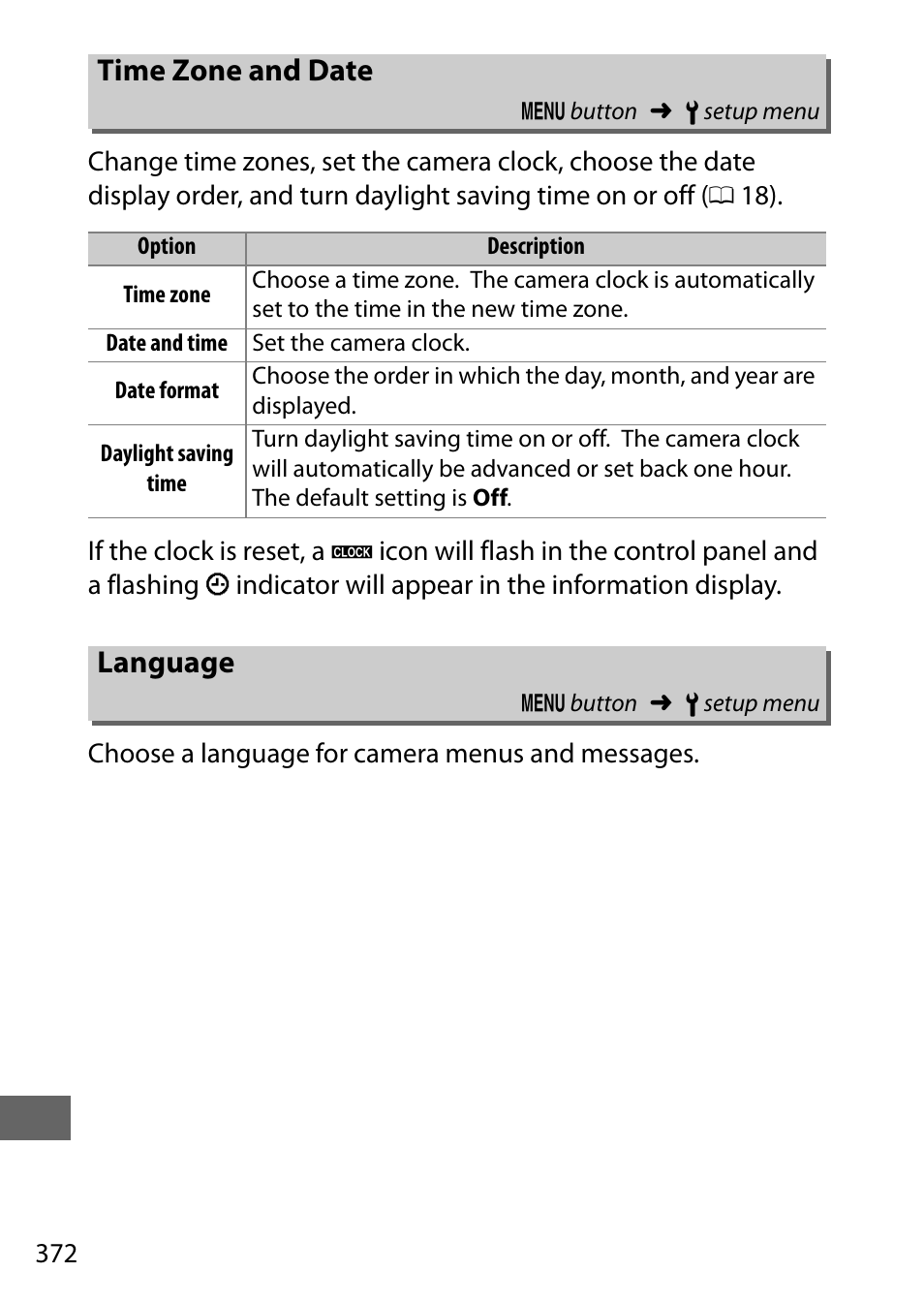 Time zone and date, Language, And date | Ylight saving time | Nikon D810 User Manual | Page 396 / 530