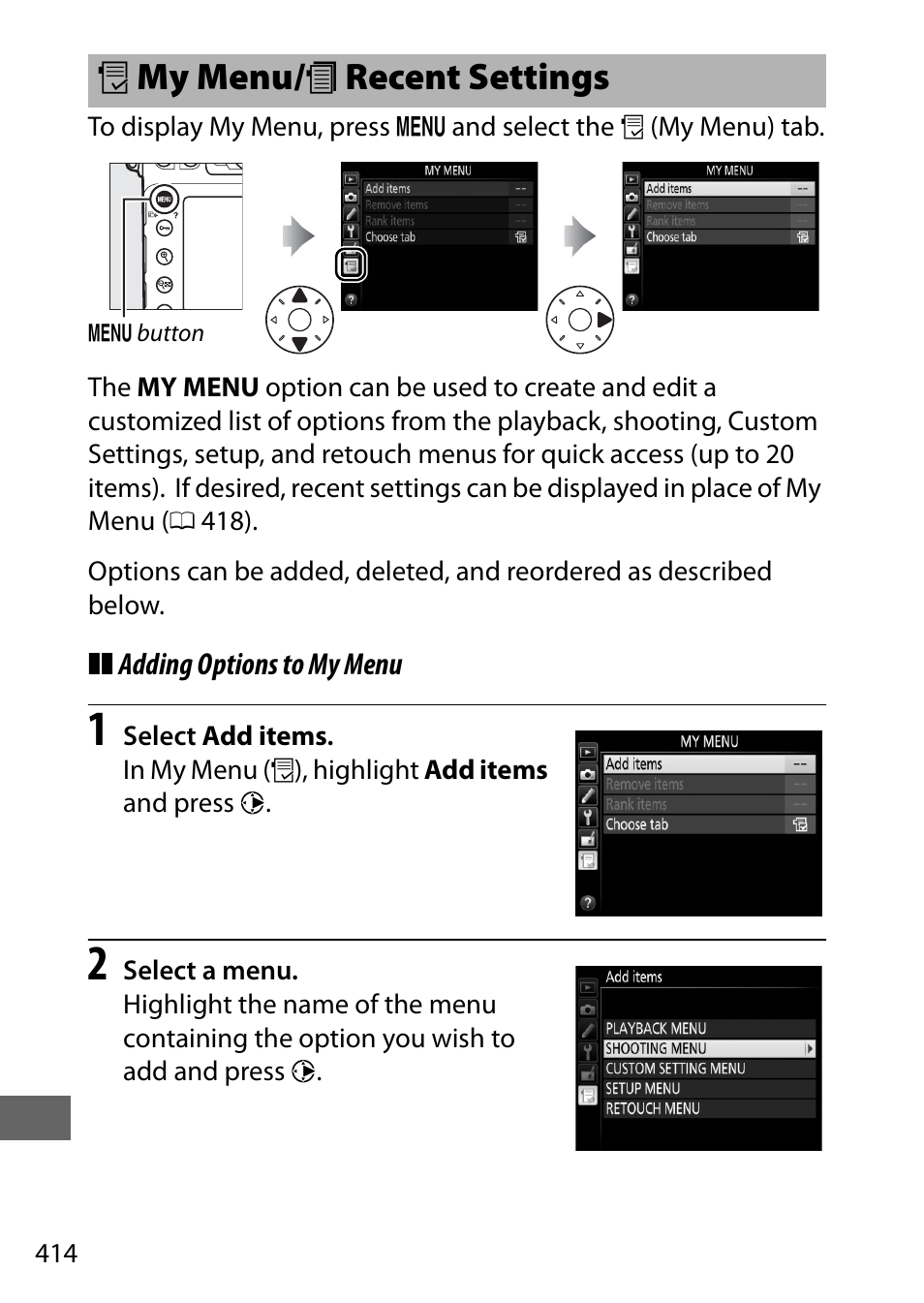 My menu/recent settings, O my menu/ m recent settings | Nikon D810 User Manual | Page 438 / 530