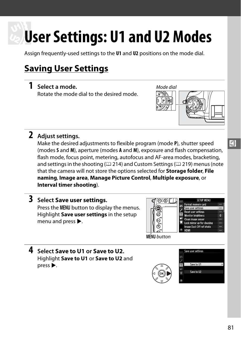 User settings: u1 and u2 modes, Saving user settings | Nikon D610 User Manual | Page 107 / 368
