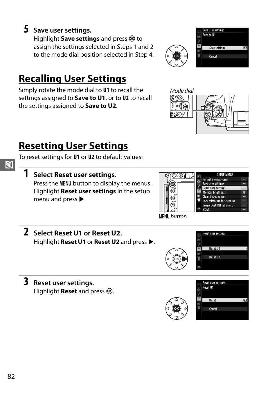 Recalling user settings, Resetting user settings | Nikon D610 User Manual | Page 108 / 368