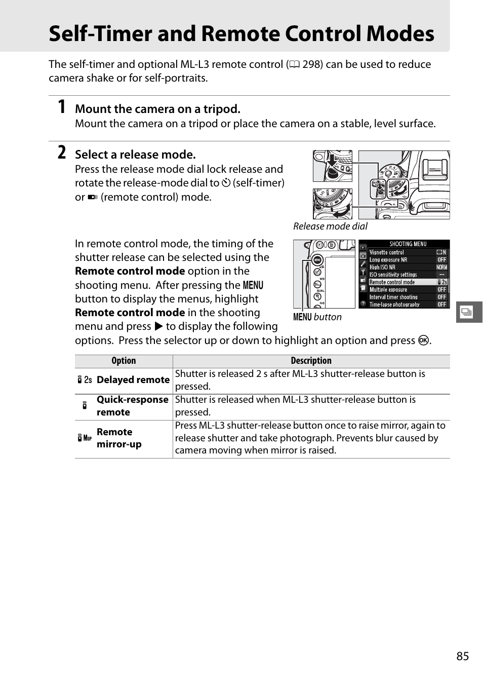 Self-timer and remote control modes | Nikon D610 User Manual | Page 111 / 368