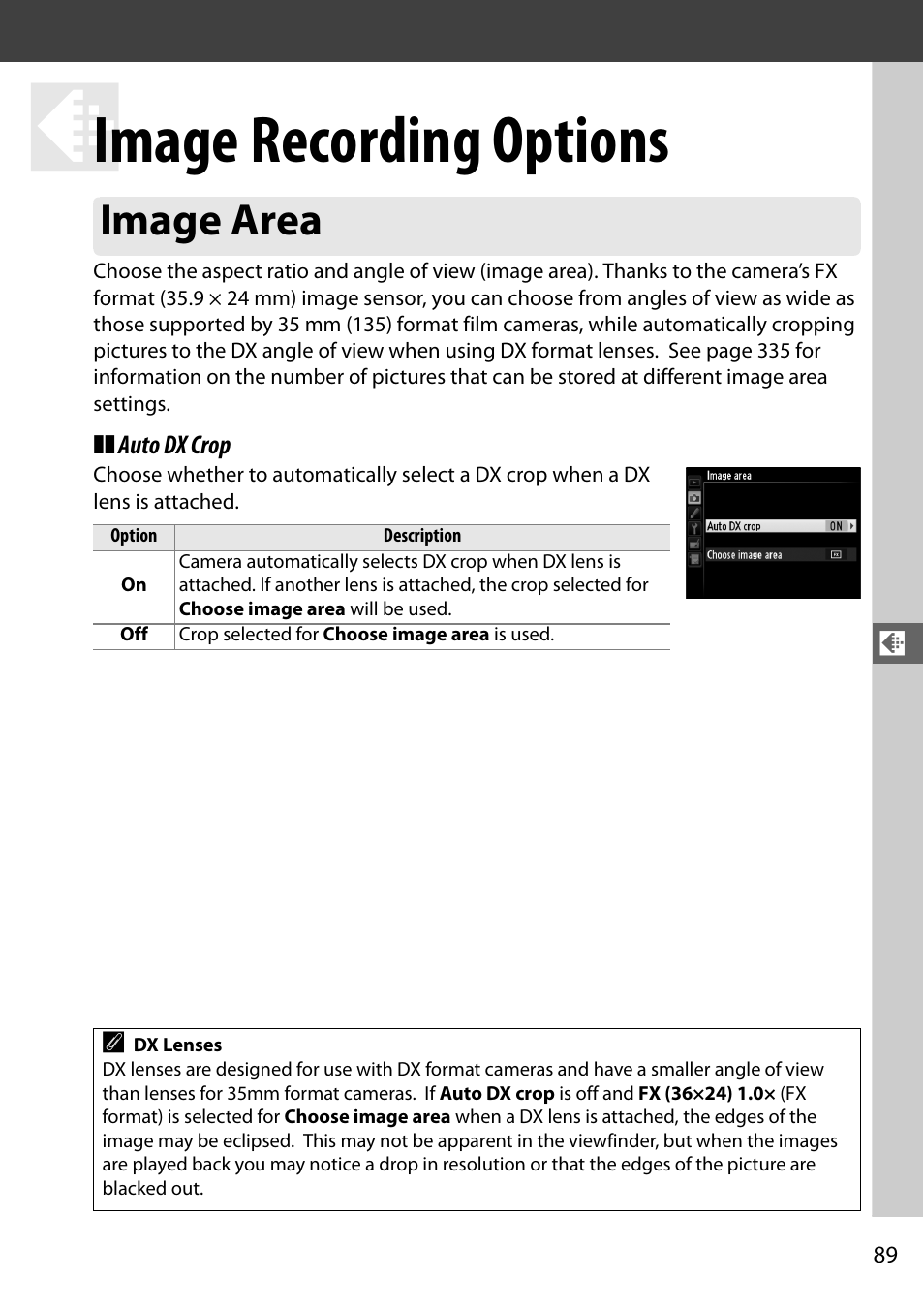 Image recording options, Image area | Nikon D610 User Manual | Page 115 / 368