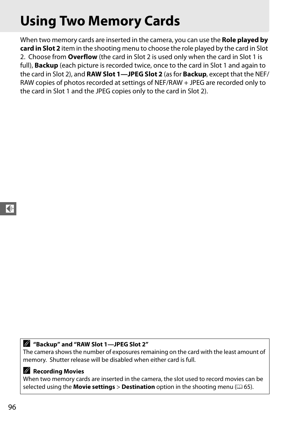 Using two memory cards | Nikon D610 User Manual | Page 122 / 368