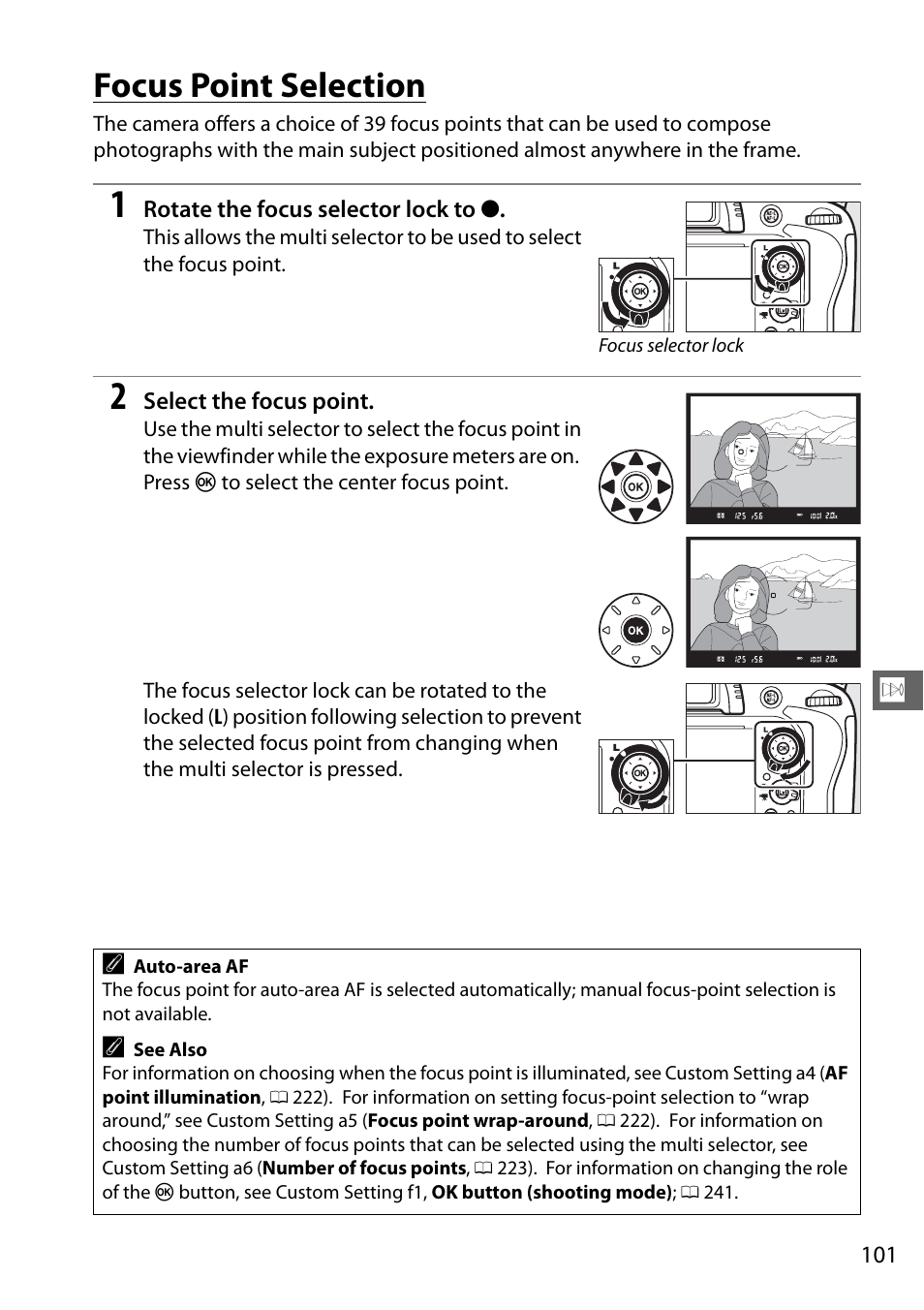 Focus point selection, 0 101) or | Nikon D610 User Manual | Page 127 / 368