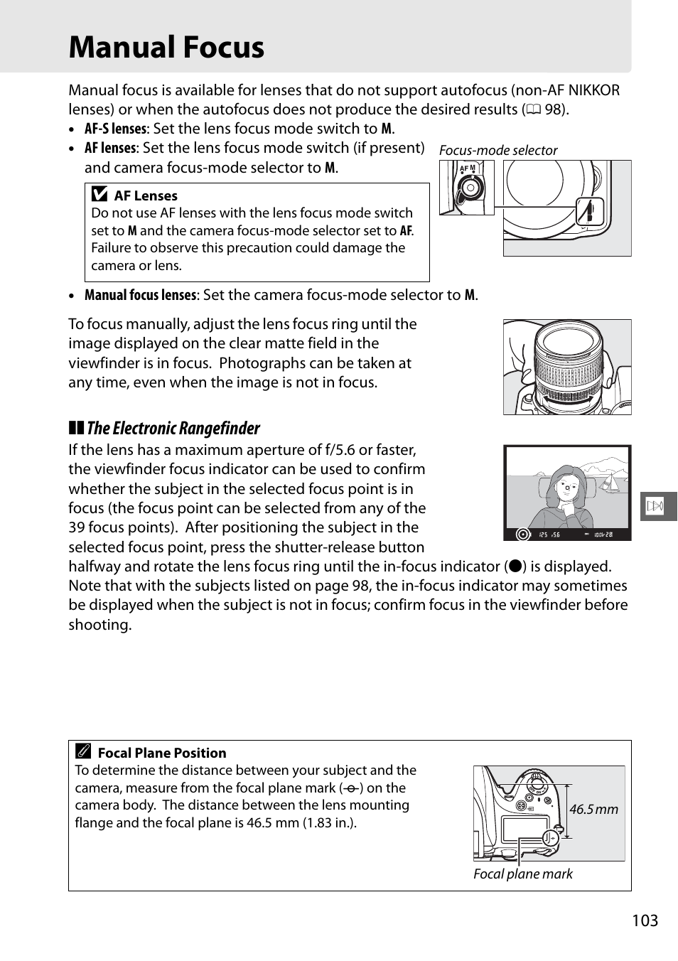 Manual focus, 0 103) or use, The electronic rangefinder | Nikon D610 User Manual | Page 129 / 368