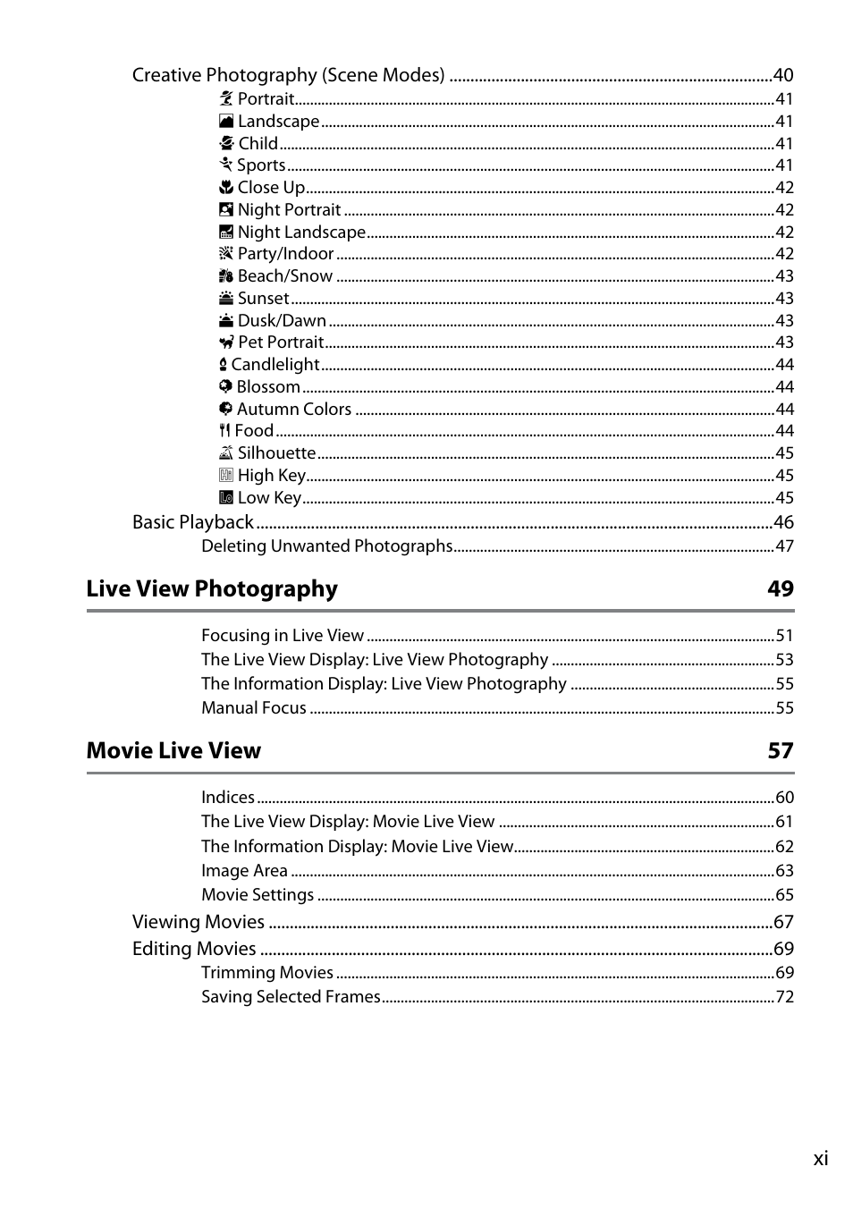 Live view photography 49, Movie live view 57 | Nikon D610 User Manual | Page 13 / 368