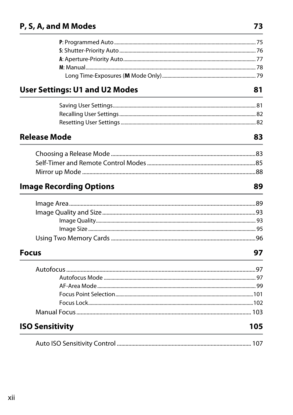 P, s, a, and m modes 73, User settings: u1 and u2 modes 81, Release mode 83 | Image recording options 89, Focus 97, Iso sensitivity 105 | Nikon D610 User Manual | Page 14 / 368