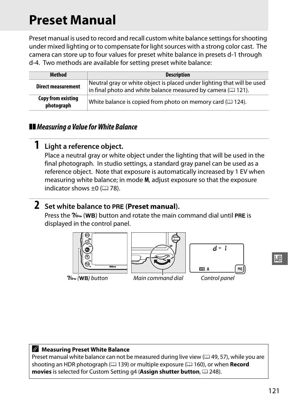 Preset manual, 0 121) in mode, Measuring a value for white balance | Nikon D610 User Manual | Page 147 / 368