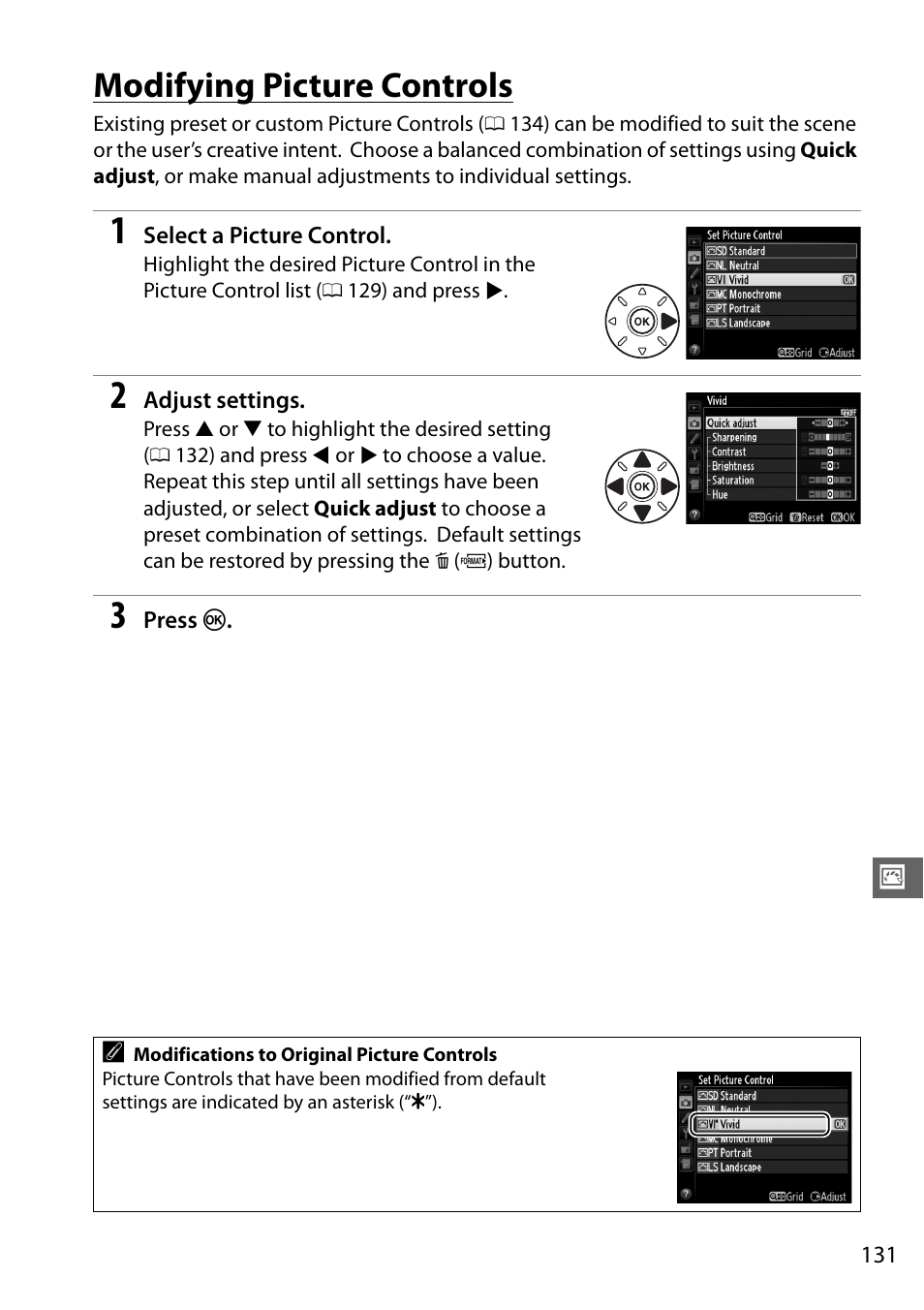 Modifying picture controls | Nikon D610 User Manual | Page 157 / 368