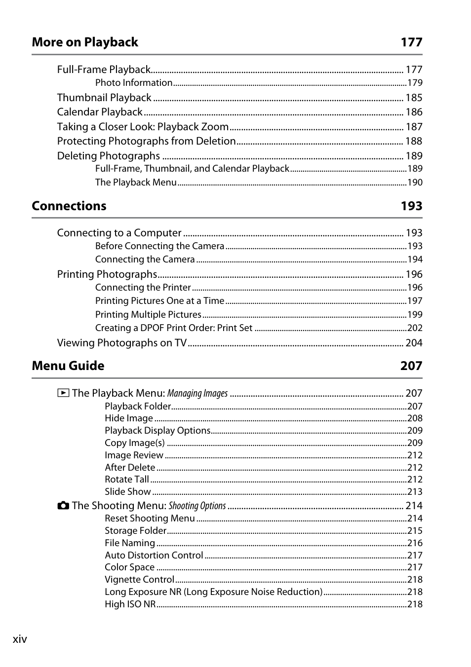More on playback 177, Connections 193, Menu guide 207 | Nikon D610 User Manual | Page 16 / 368