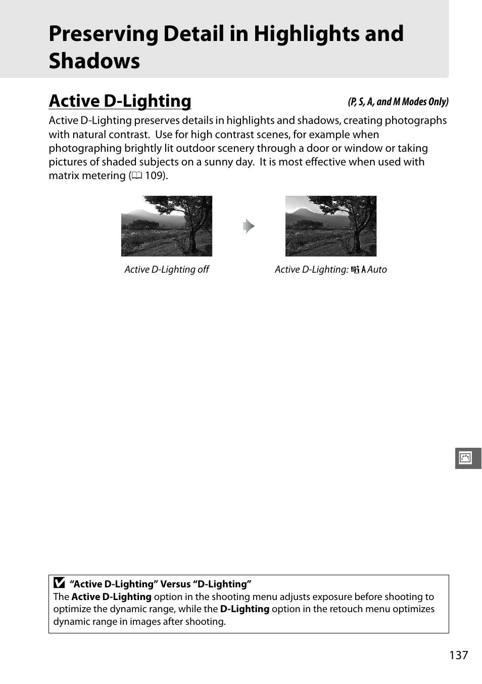 Preserving detail in highlights and shadows, Active d-lighting | Nikon D610 User Manual | Page 163 / 368