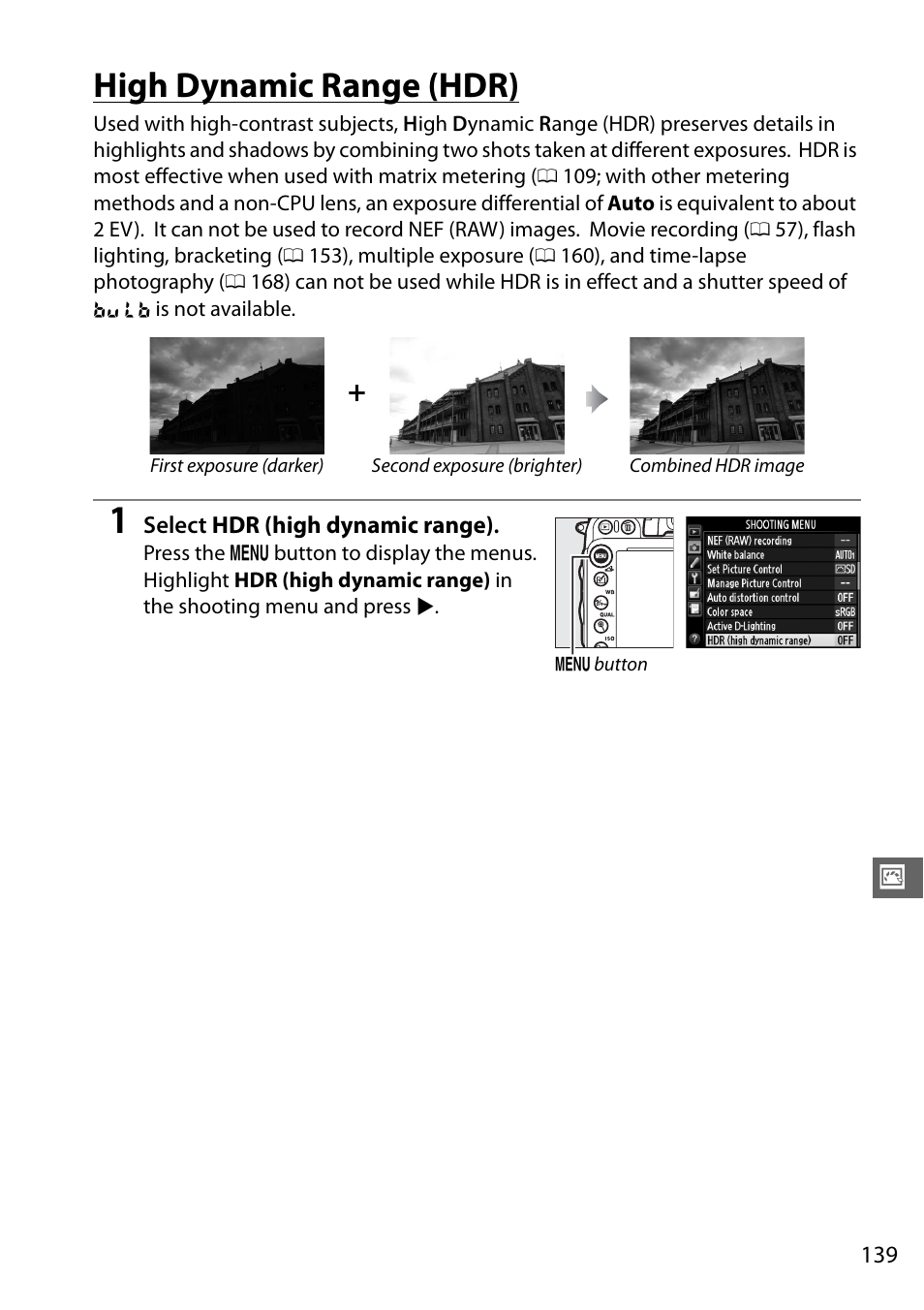 High dynamic range (hdr), 0 139) or multiple exposur | Nikon D610 User Manual | Page 165 / 368