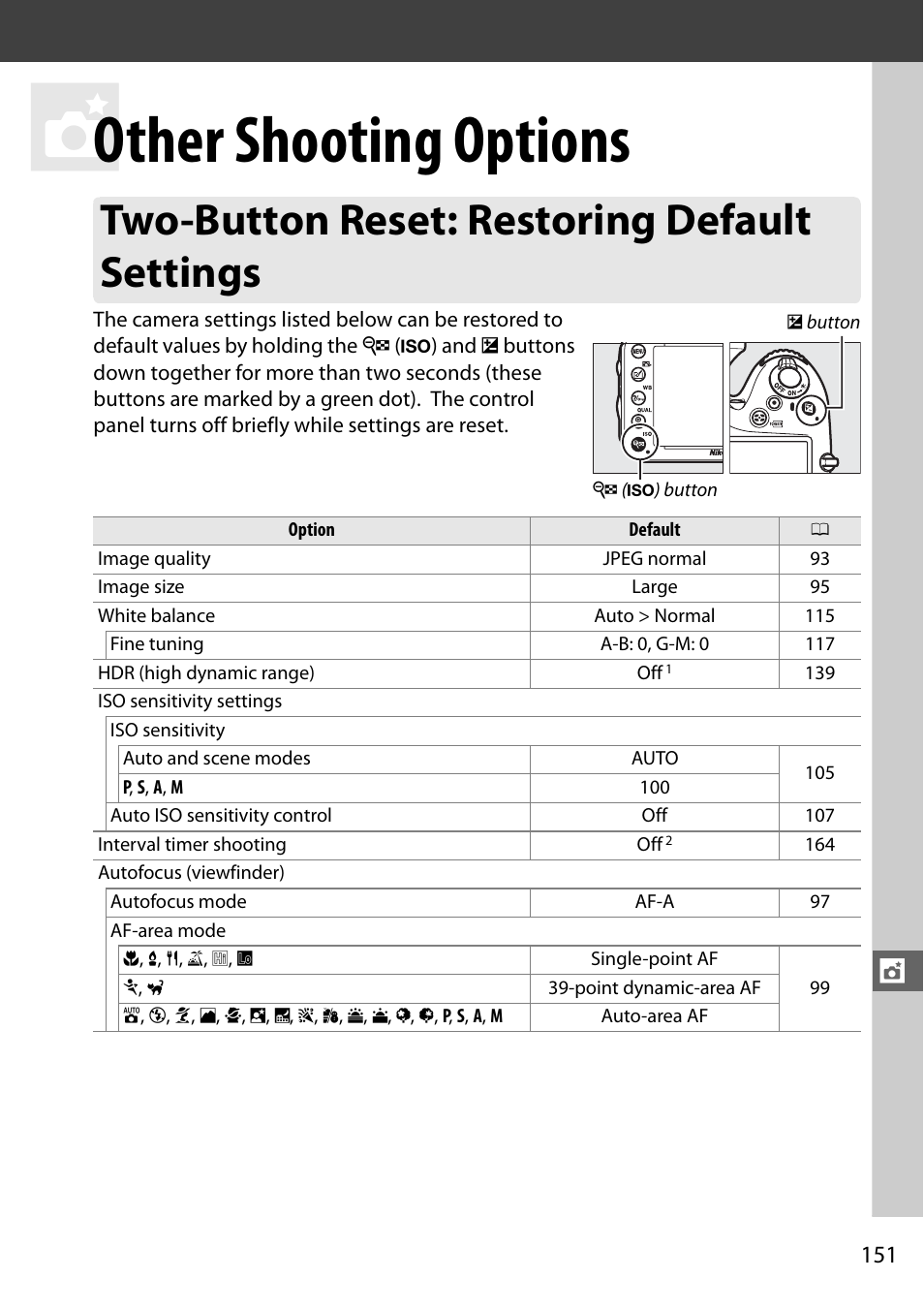 Other shooting options, Two-button reset: restoring default settings | Nikon D610 User Manual | Page 177 / 368