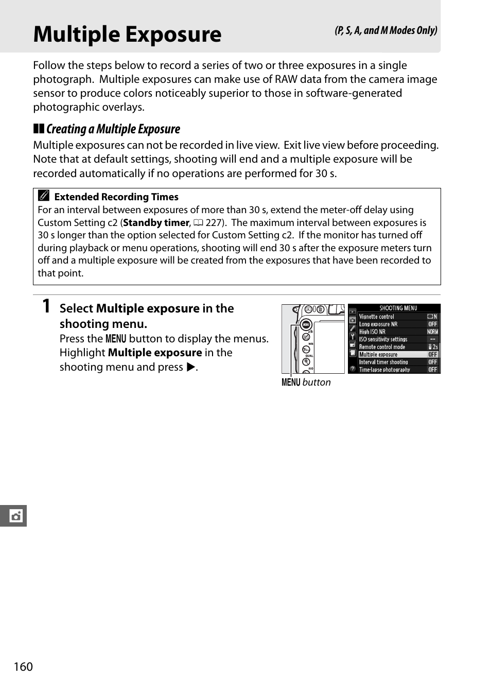 Multiple exposure, 0 160), an | Nikon D610 User Manual | Page 186 / 368