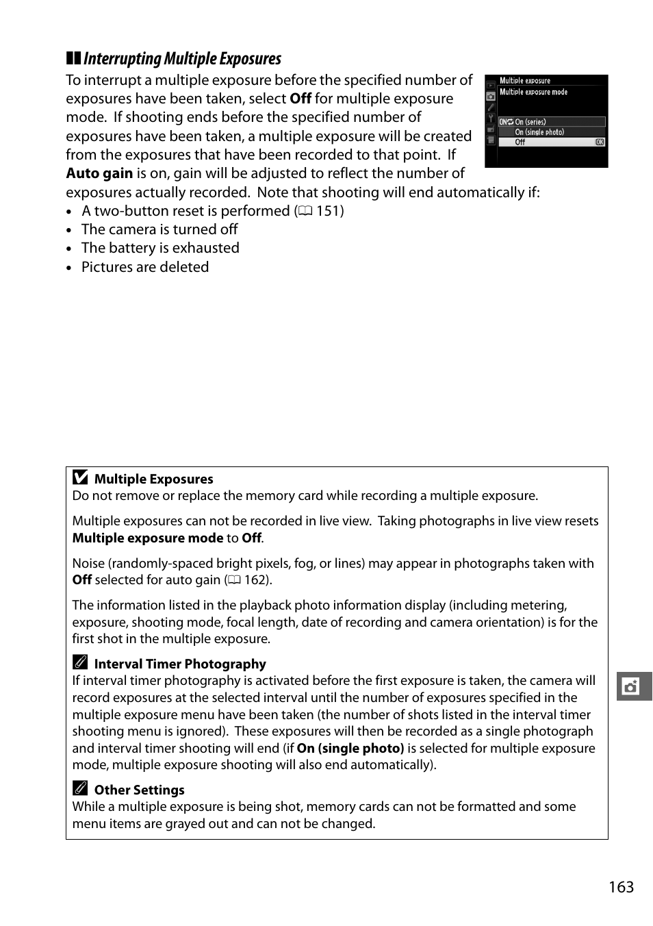 Interrupting multiple exposures | Nikon D610 User Manual | Page 189 / 368