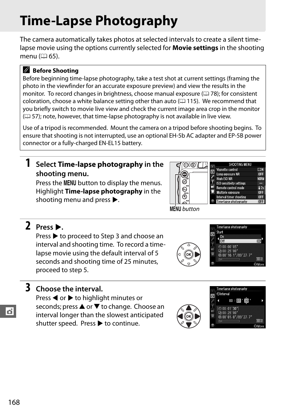 Time-lapse photography, Lapse (0 168) | Nikon D610 User Manual | Page 194 / 368