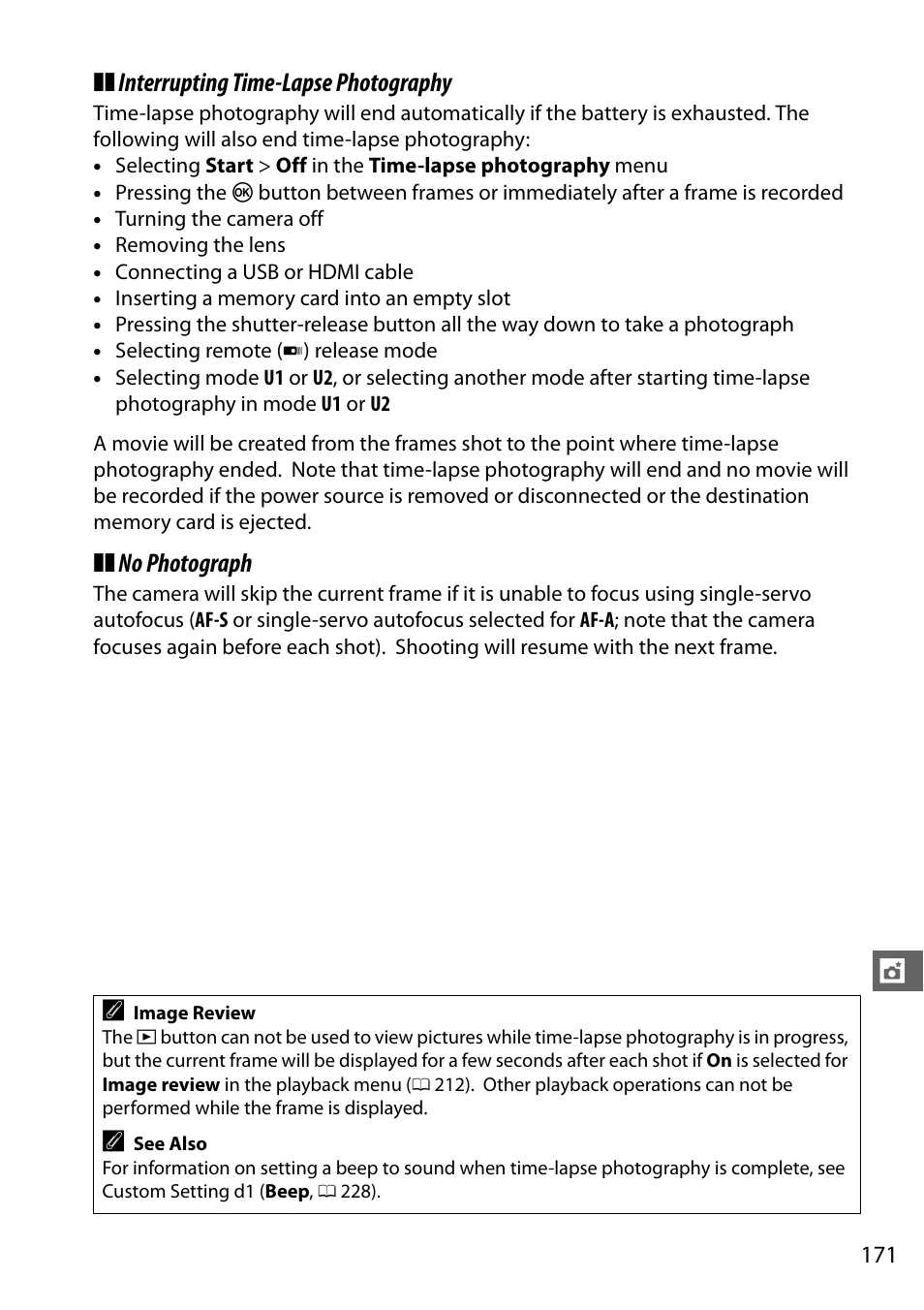 Interrupting time-lapse photography, No photograph | Nikon D610 User Manual | Page 197 / 368