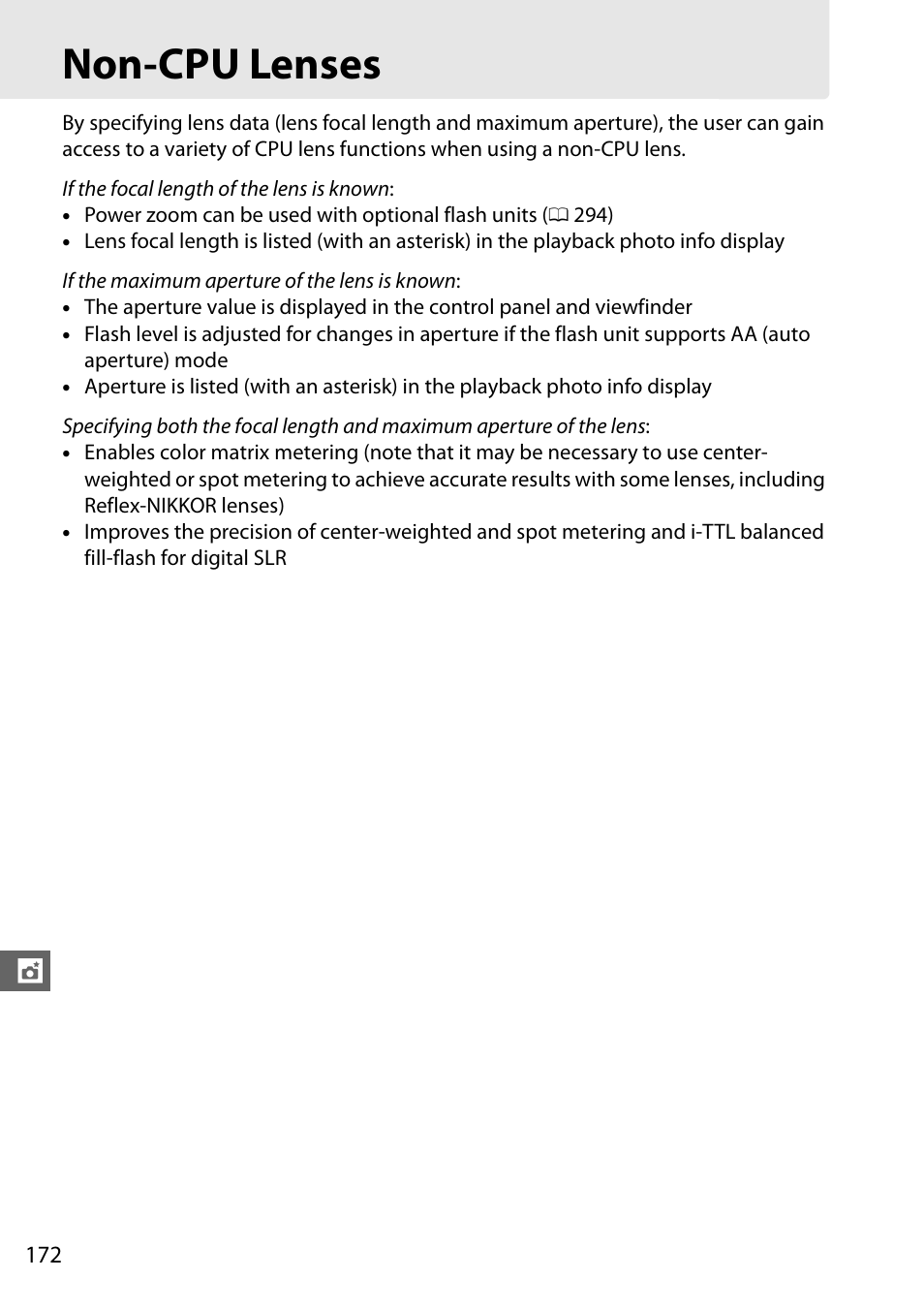 Non-cpu lenses, Option in the setup menu, 0 172) when | Nikon D610 User Manual | Page 198 / 368