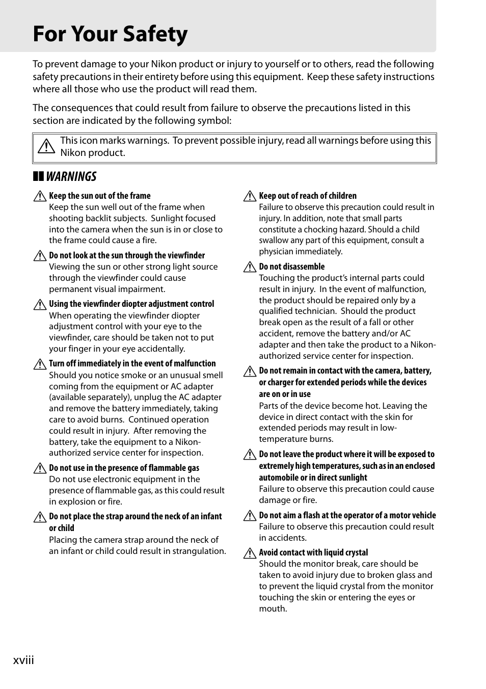 For your safety, Xviii, Warnings a | Nikon D610 User Manual | Page 20 / 368