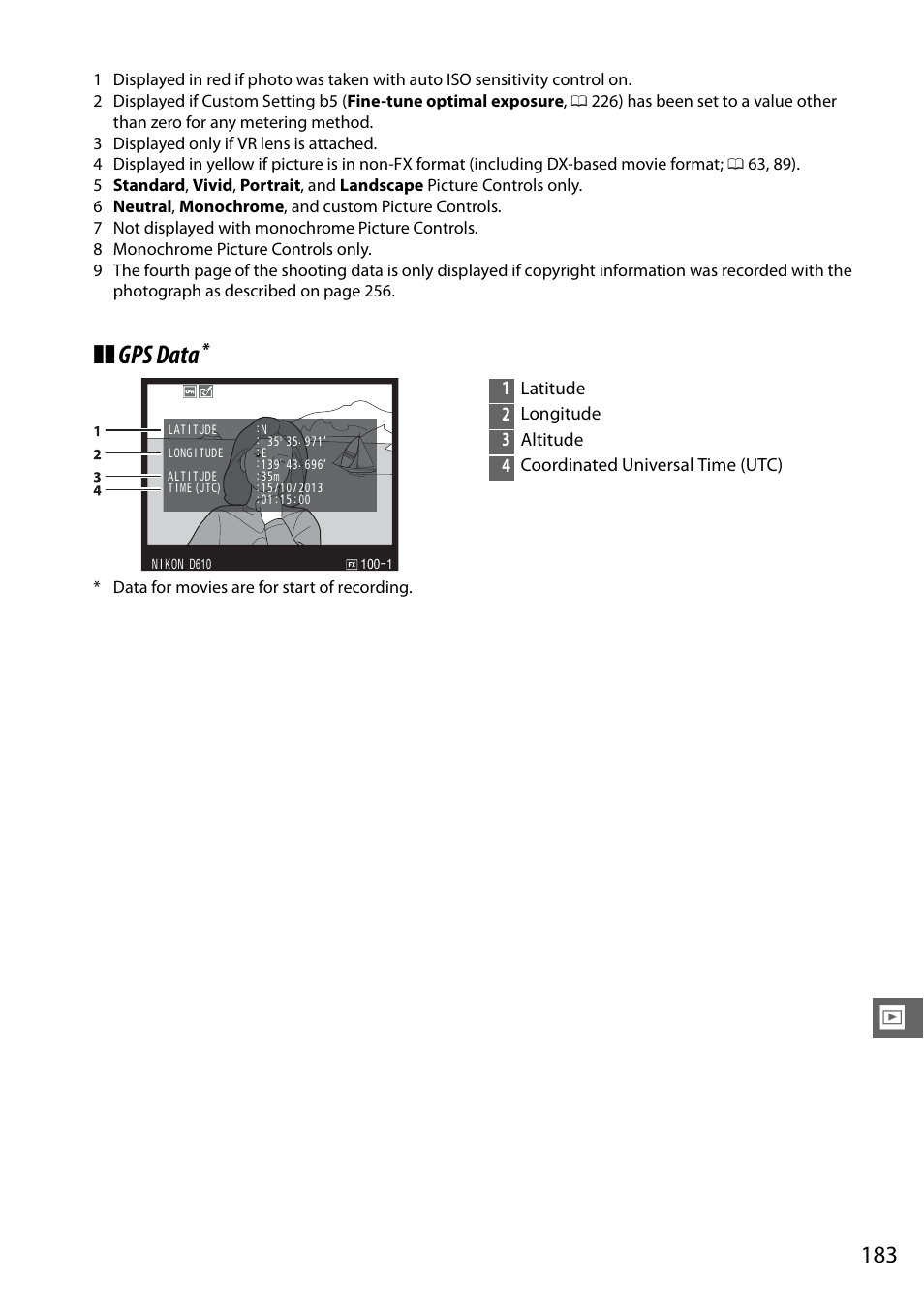 Gps data, Latitude, Longitude | Altitude, Coordinated universal time (utc), Data for movies are for start of recording | Nikon D610 User Manual | Page 209 / 368