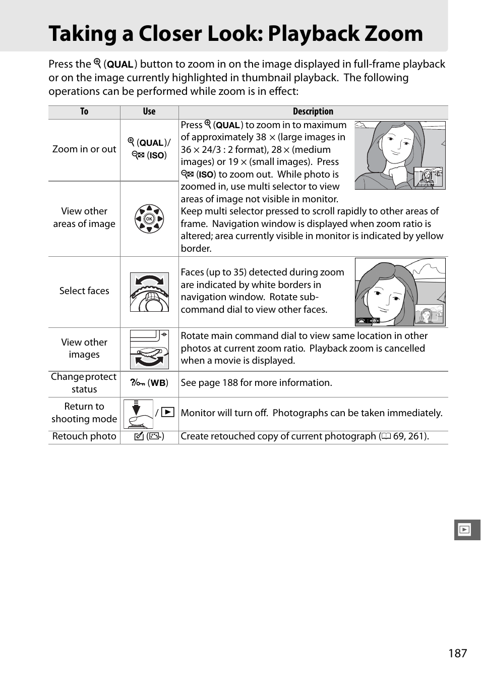 Taking a closer look: playback zoom, 0 187), deletion | Nikon D610 User Manual | Page 213 / 368