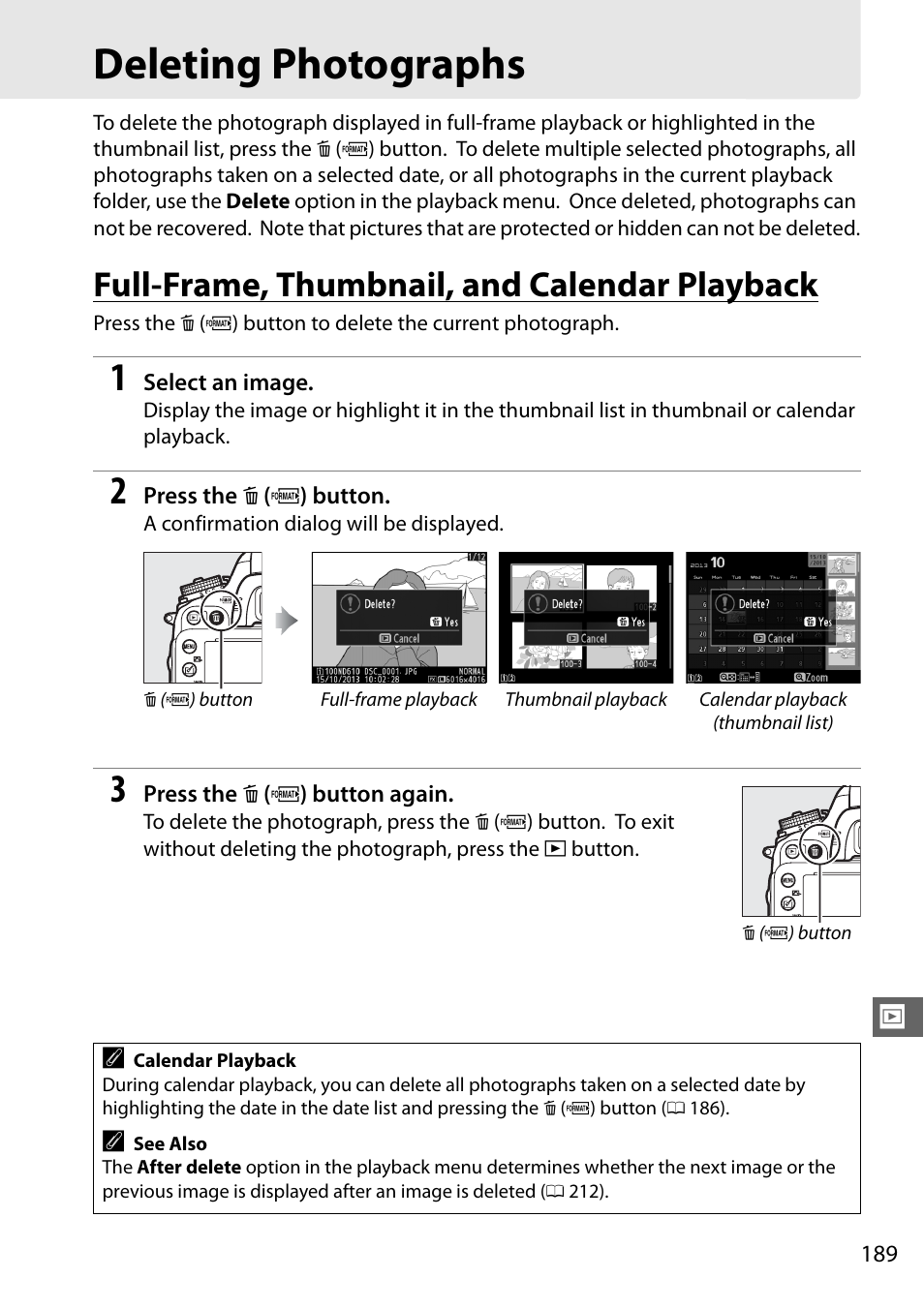 Deleting photographs, Full-frame, thumbnail, and calendar playback | Nikon D610 User Manual | Page 215 / 368