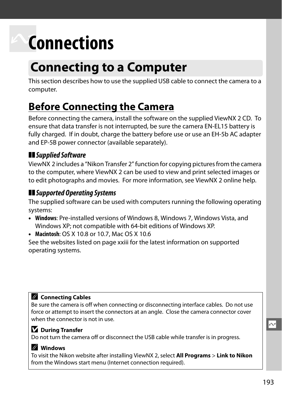 Connections, Connecting to a computer, Before connecting the camera | Nikon D610 User Manual | Page 219 / 368